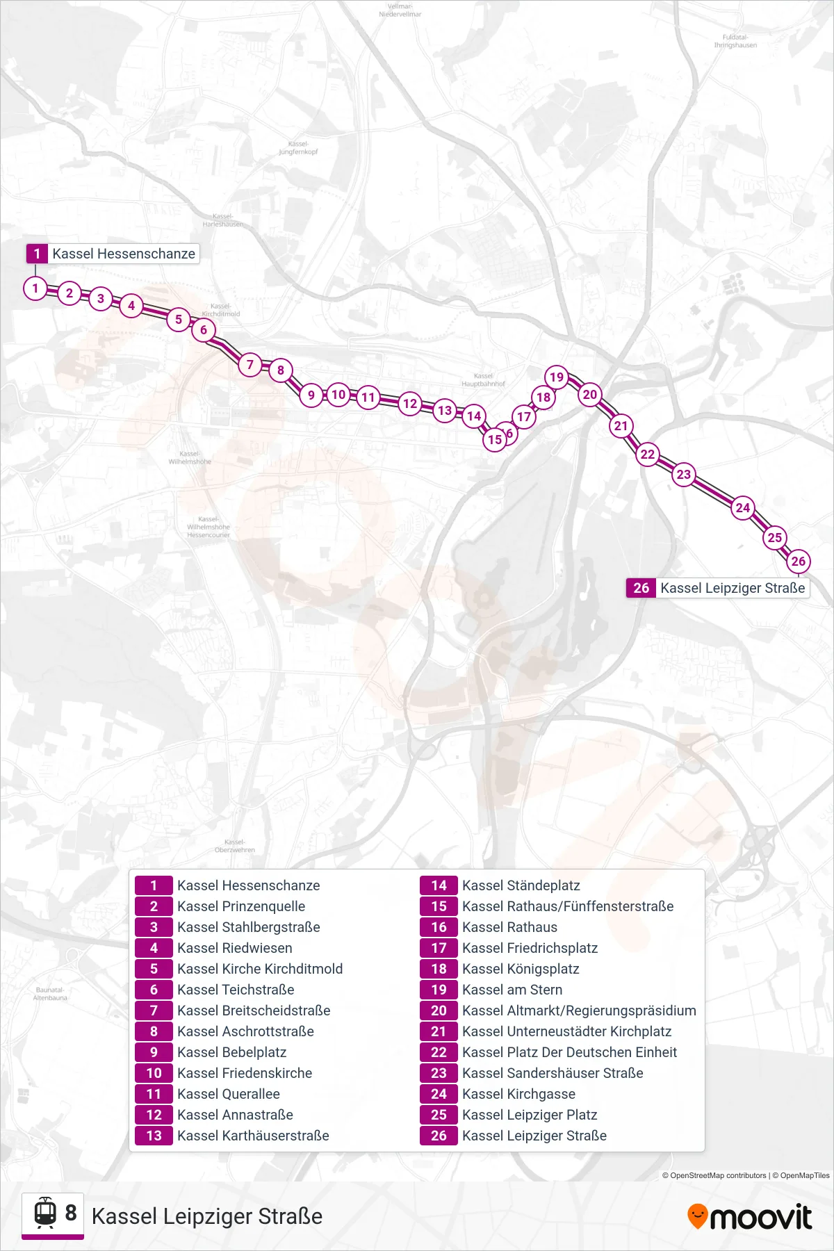 8 light rail Line (Kassel Leipziger Straße) route and stops on a map