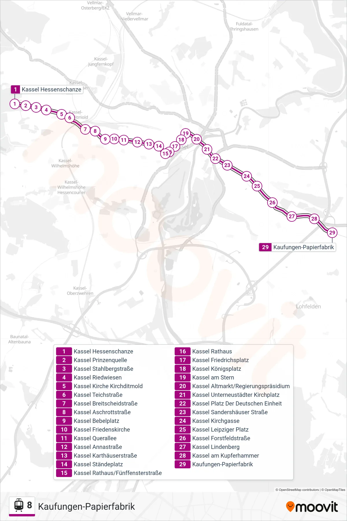 8 light rail Line (Kaufungen-Papierfabrik) route and stops on a map