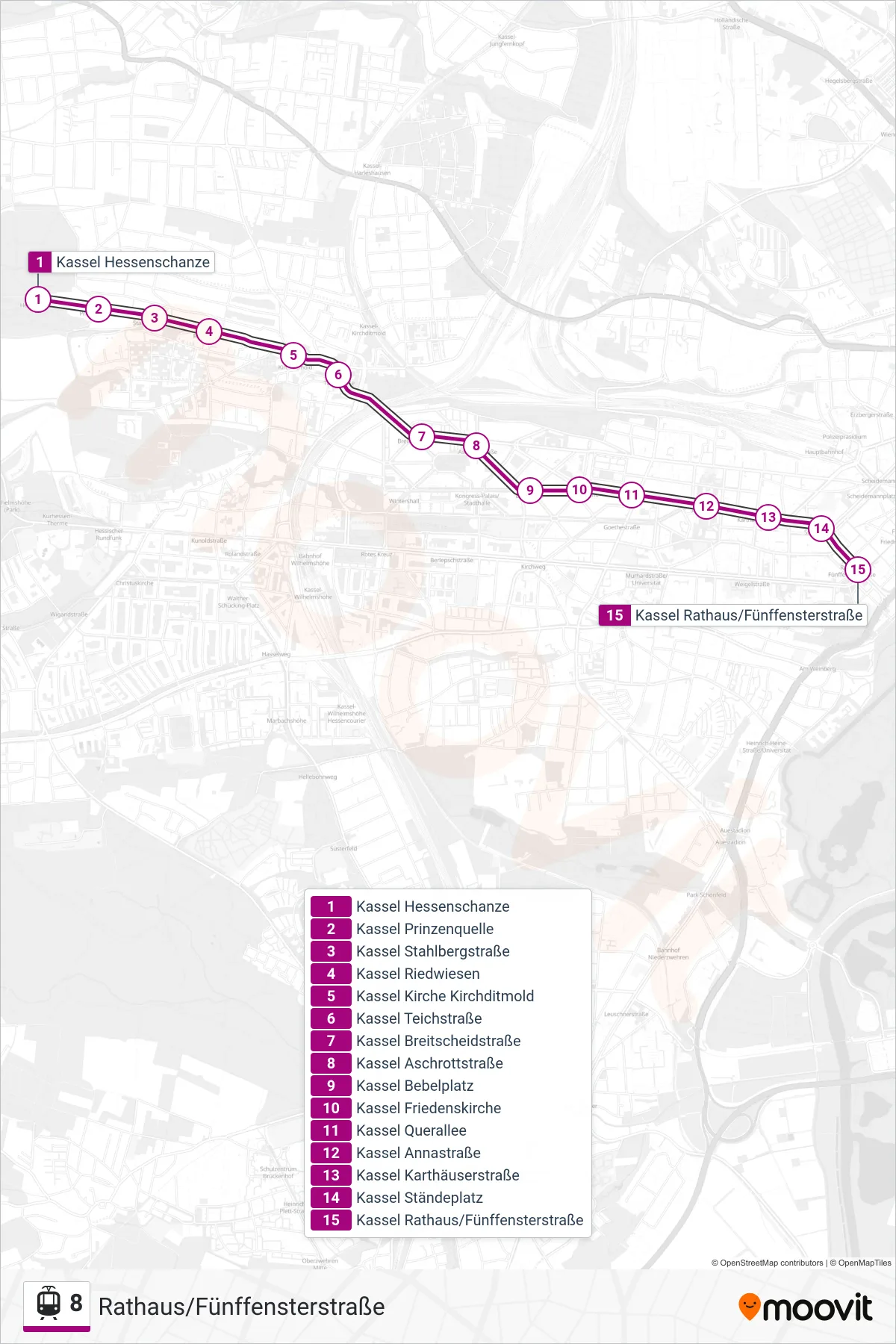 8 light rail Line (Rathaus/Fünffensterstraße) route and stops on a map