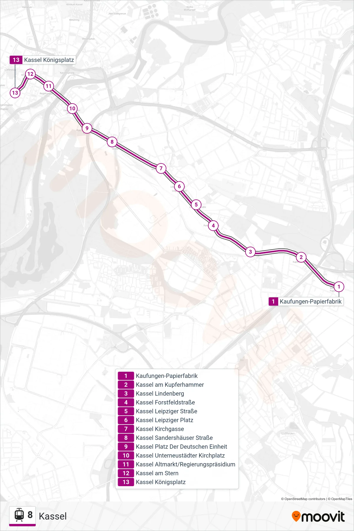 8 tram Line (Kassel) route and stops on a map
