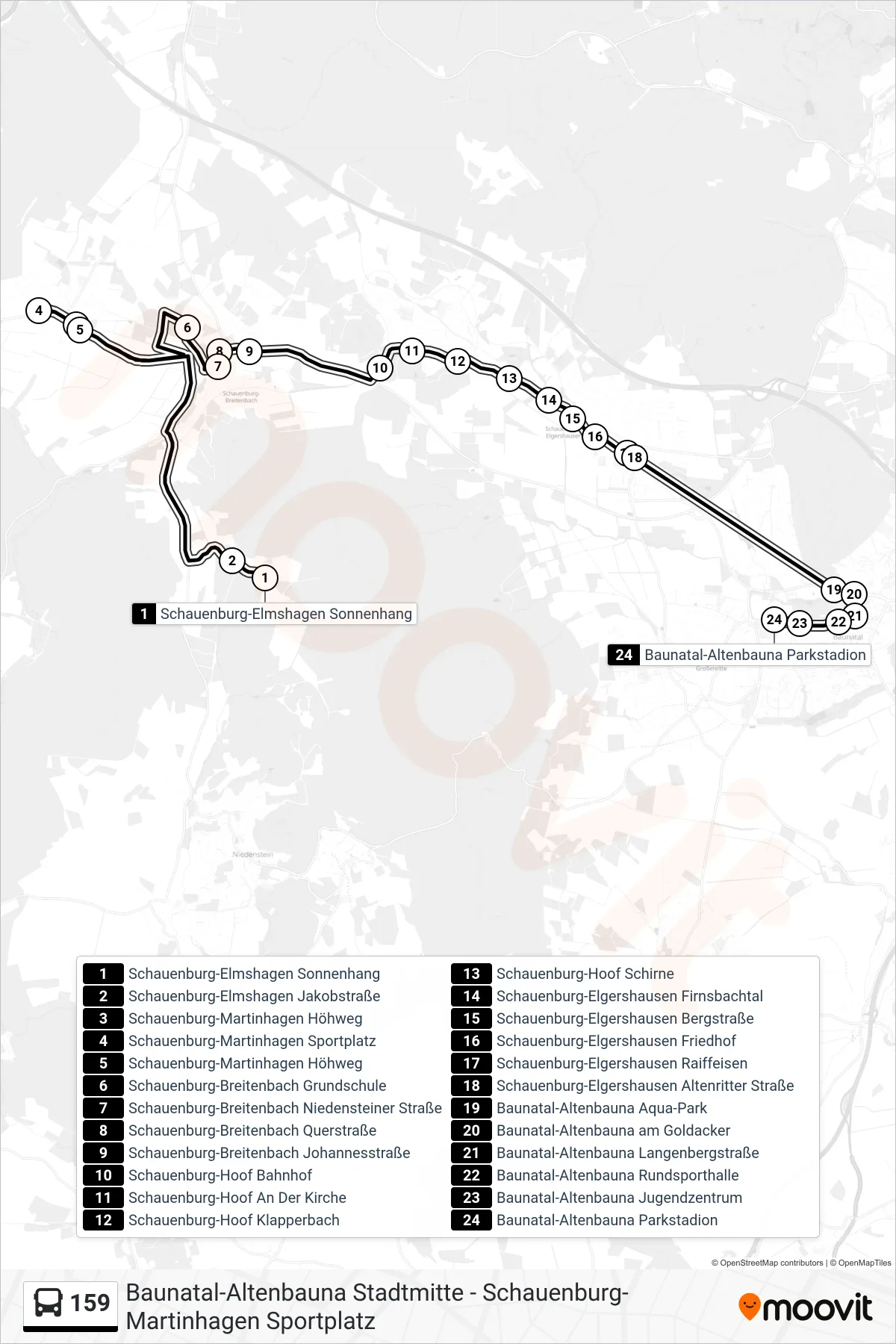 159 bus Line (Parkstadion) route and stops on a map