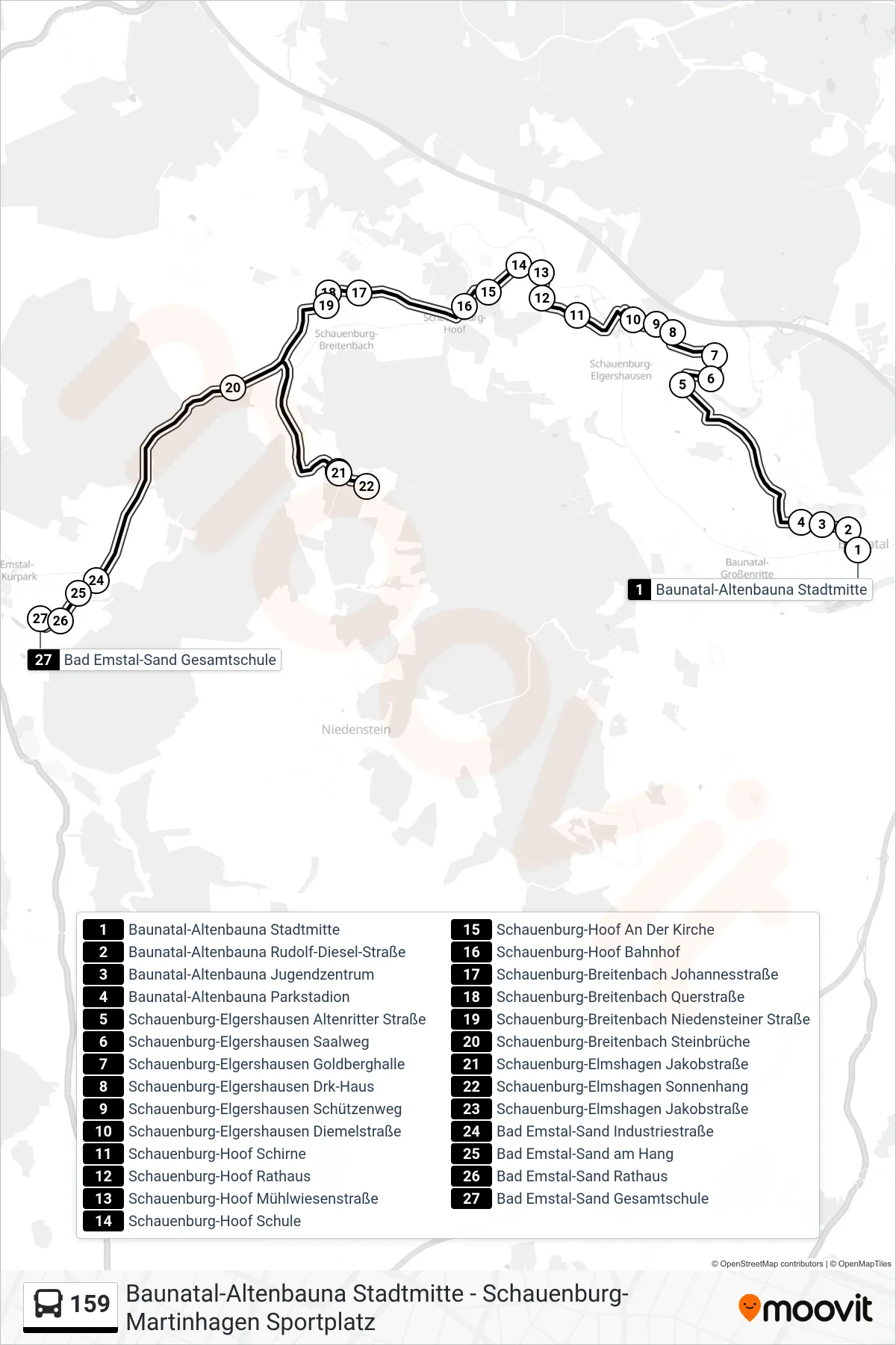 159 bus Line (Sand Gesamtschule) route and stops on a map