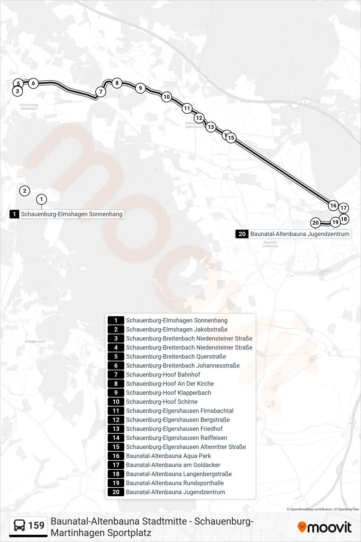 159 bus Line (Jugendzentrum) route and stops on a map