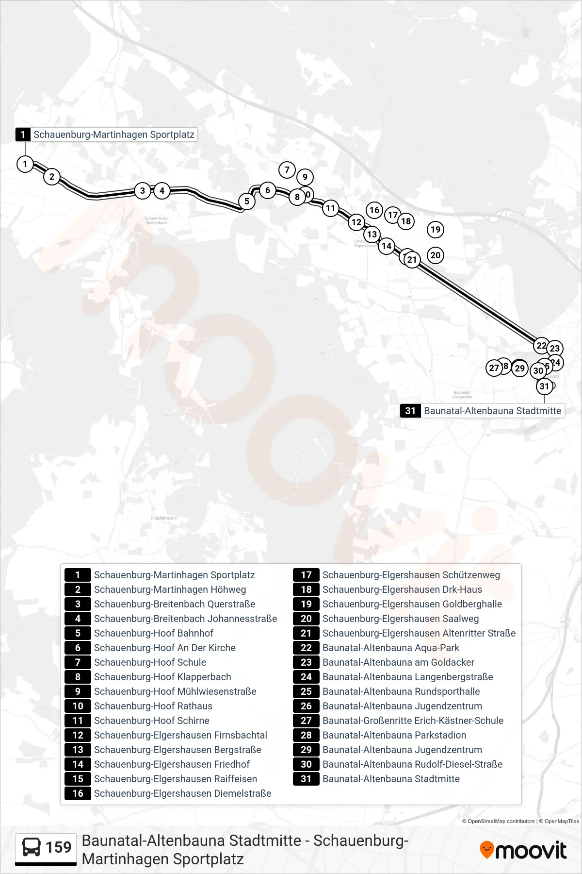 159 bus Line (Stadtmitte) route and stops on a map