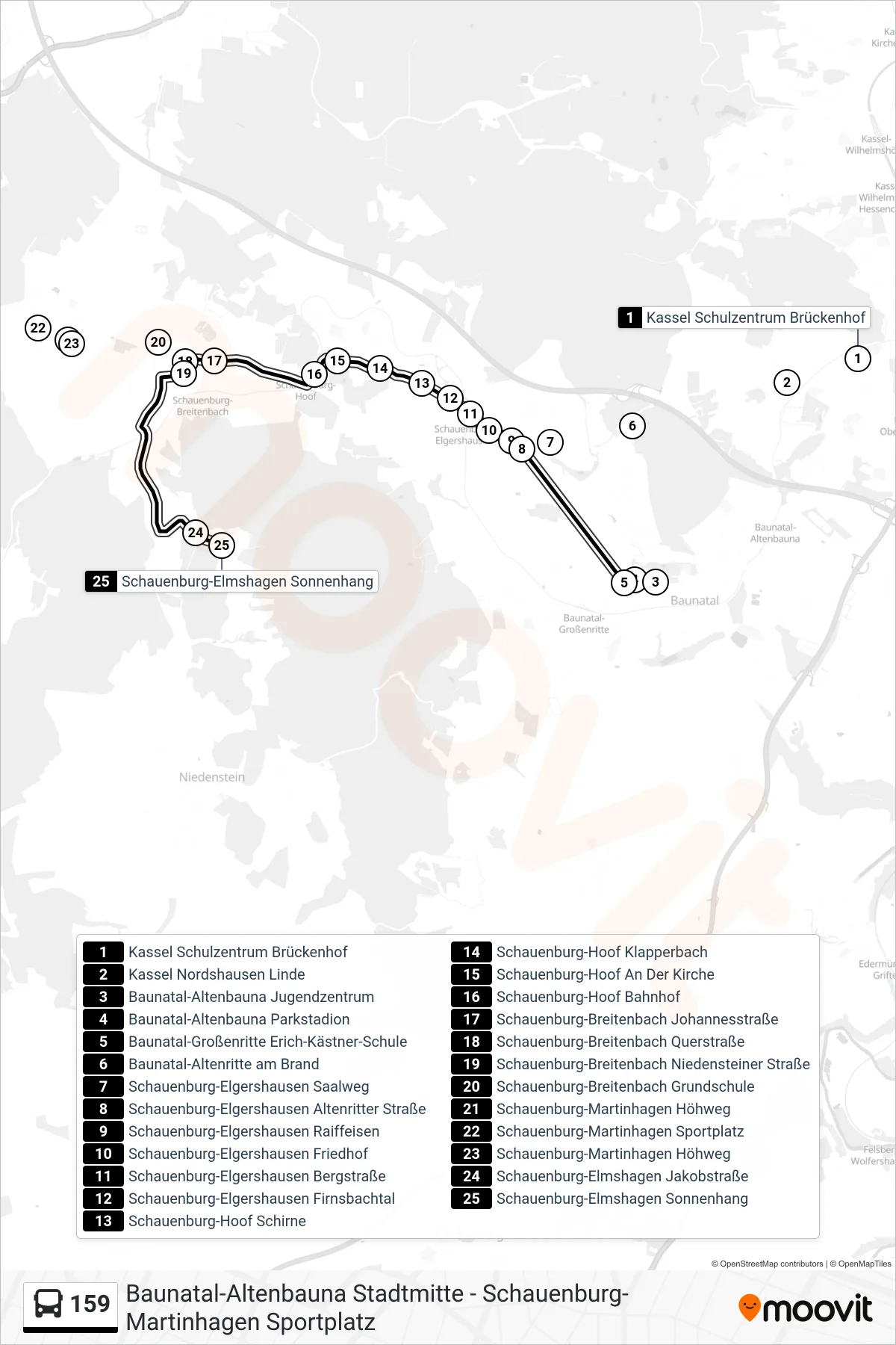 159 bus Line (Elmshagen) route and stops on a map