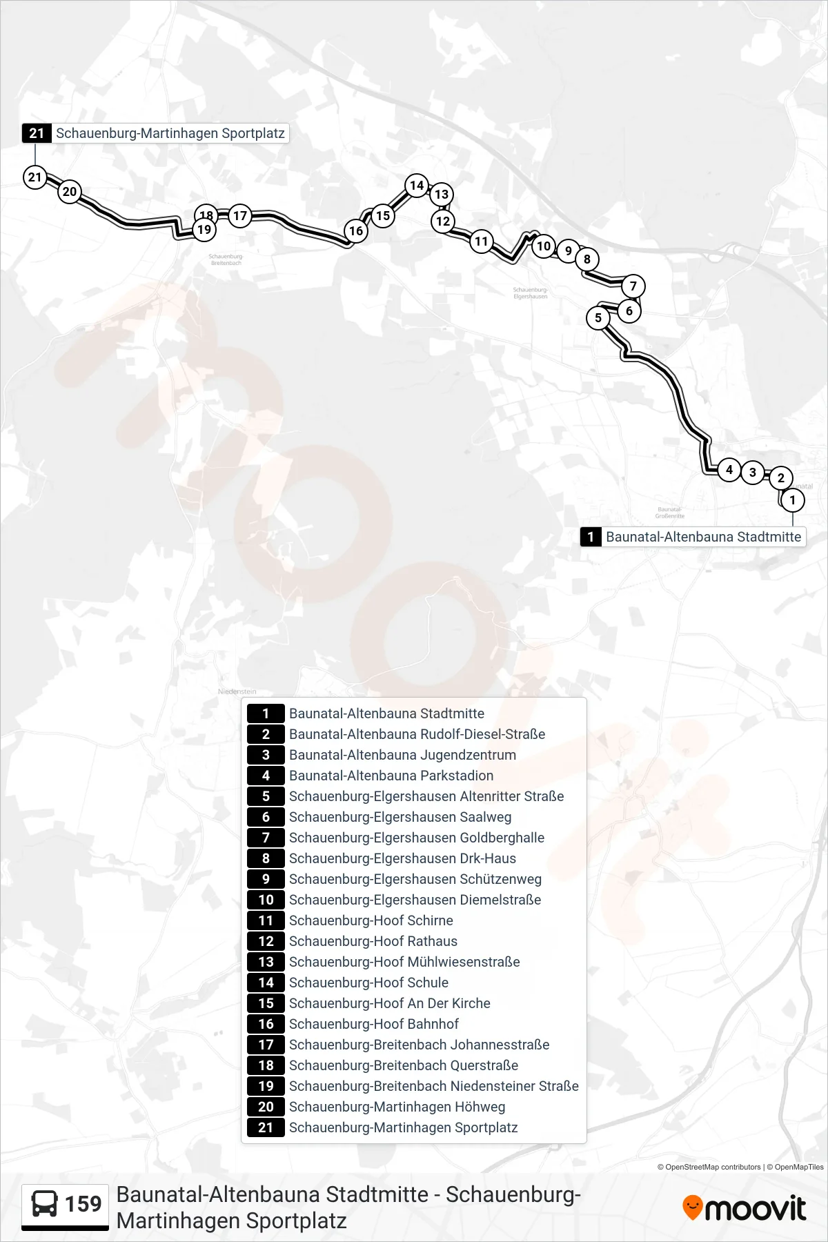 159 bus Line (Martinhagen) route and stops on a map