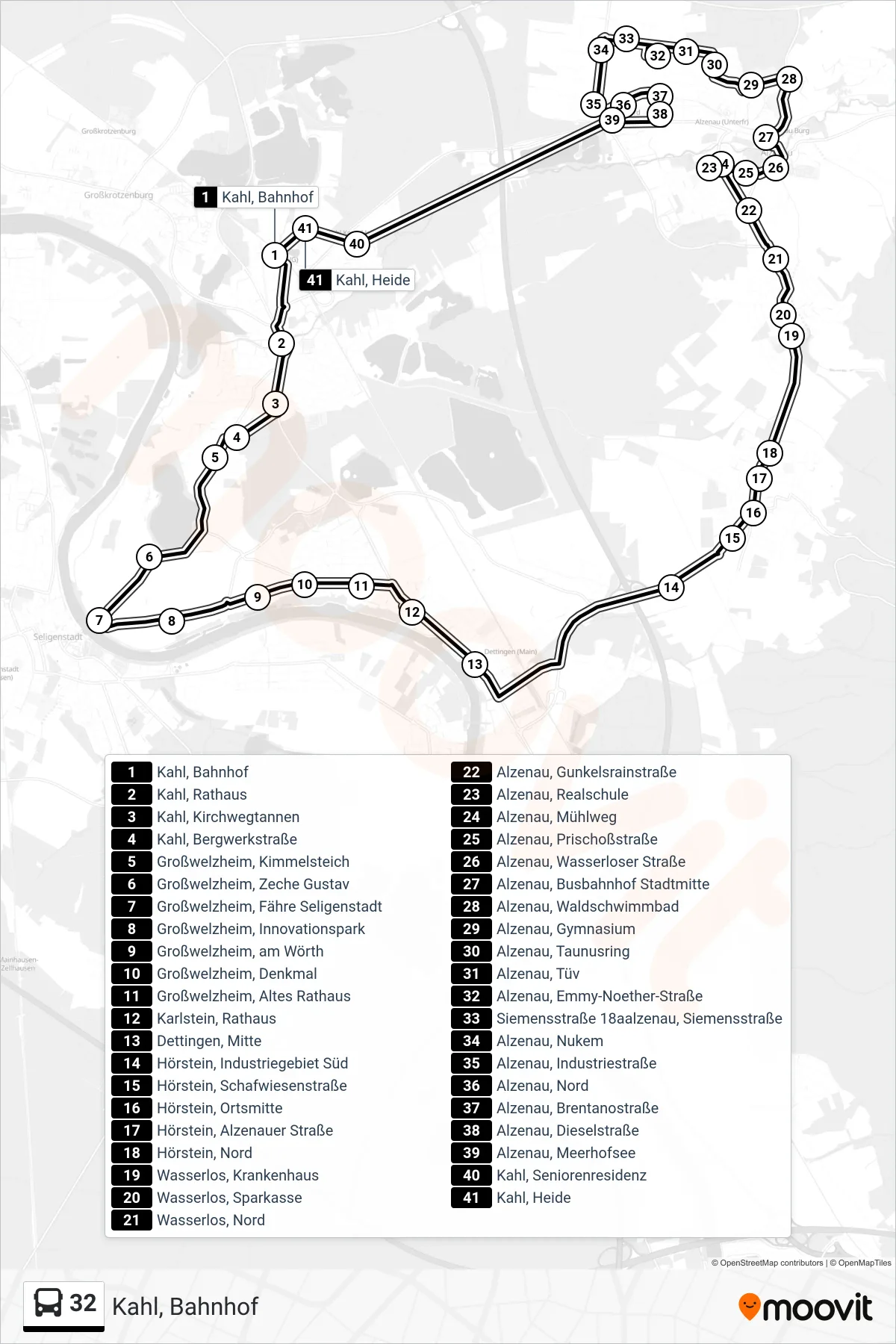 32 bus Line (Kahl, Bahnhof) route and stops on a map