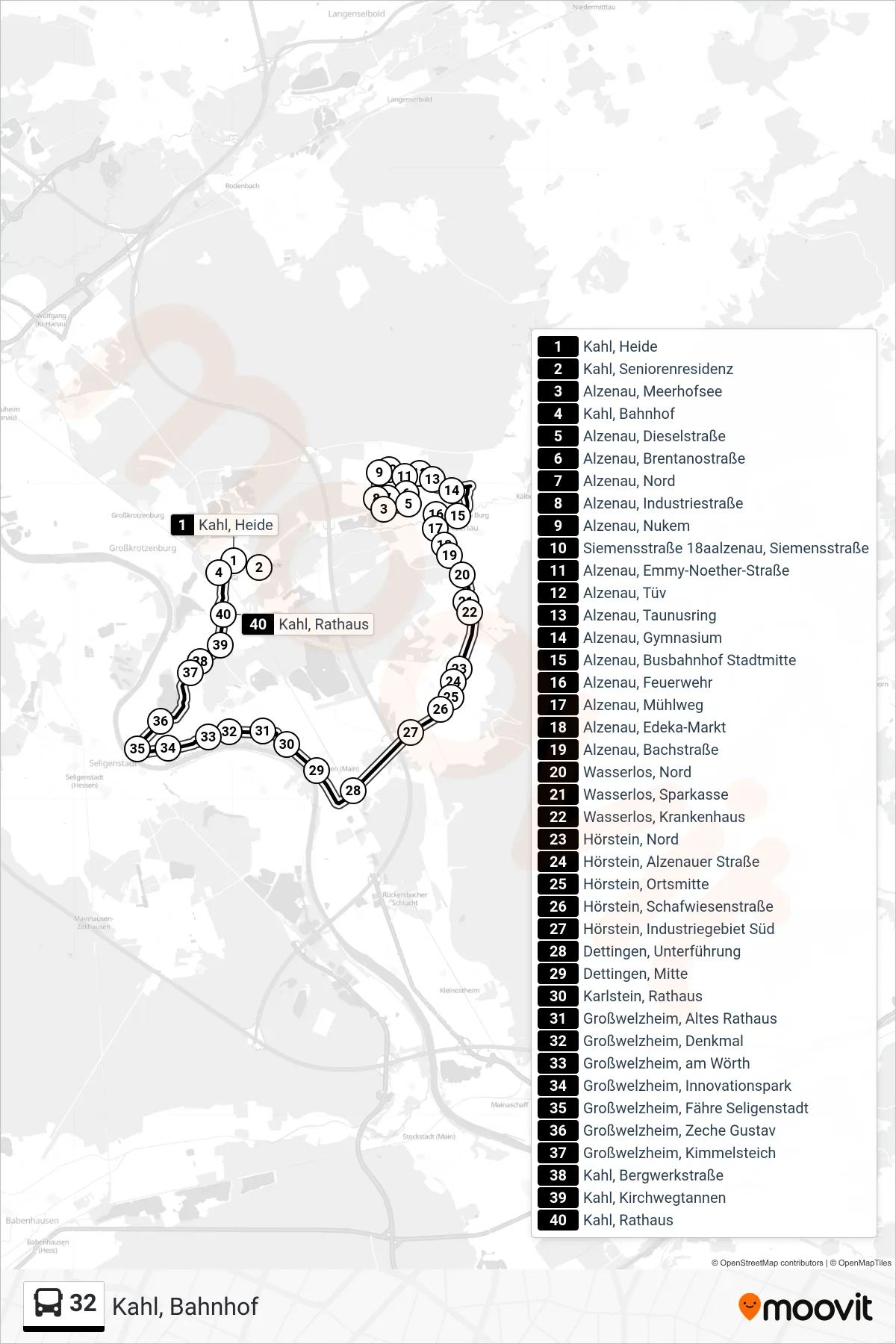 32 bus Line (Kahl, Bahnhof) route and stops on a map