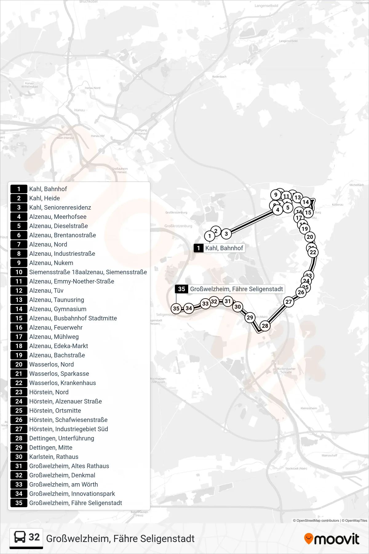 32 bus Line (Großwelzheim, Fähre Seligenstadt) route and stops on a map