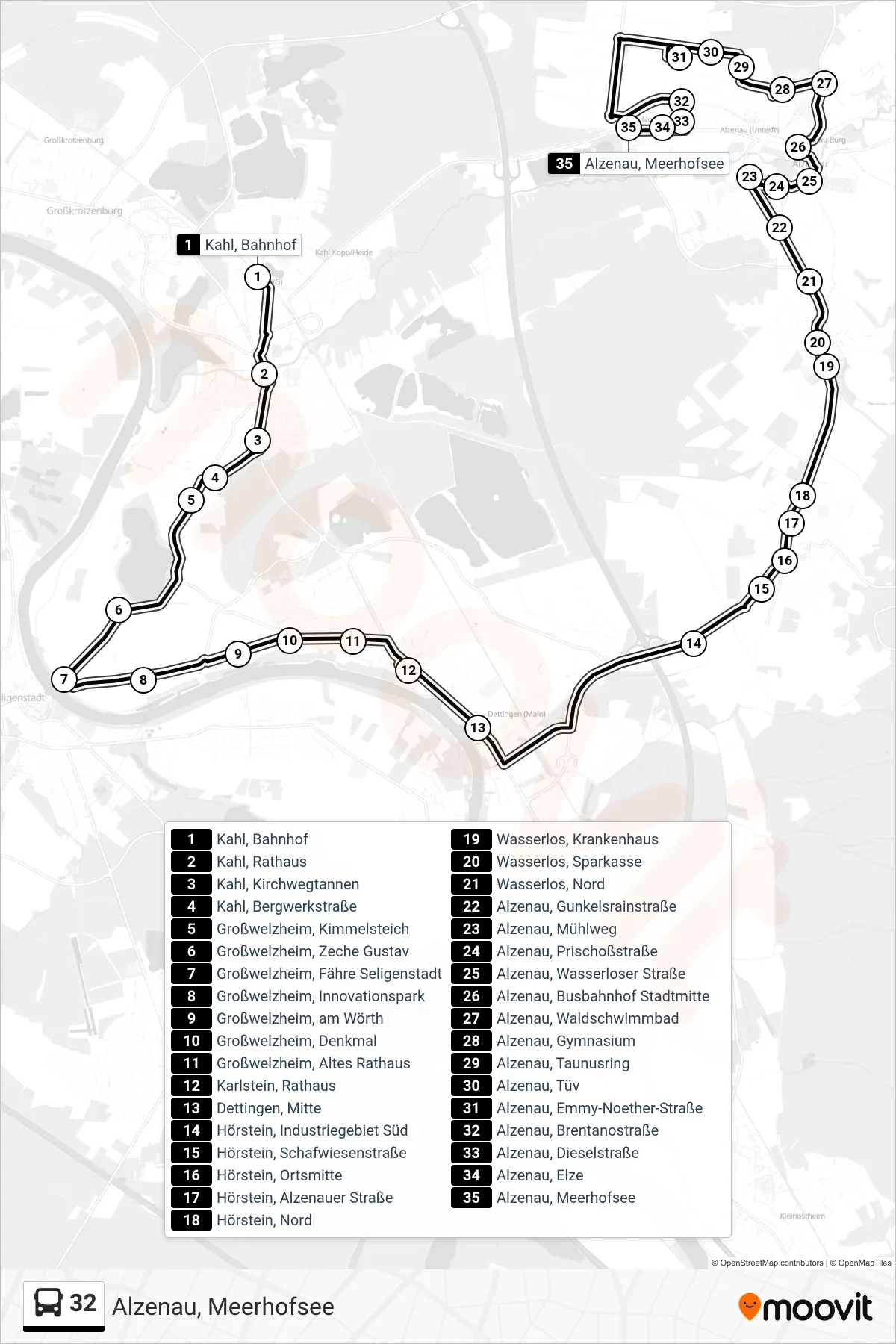 32 bus Line (Alzenau, Meerhofsee) route and stops on a map