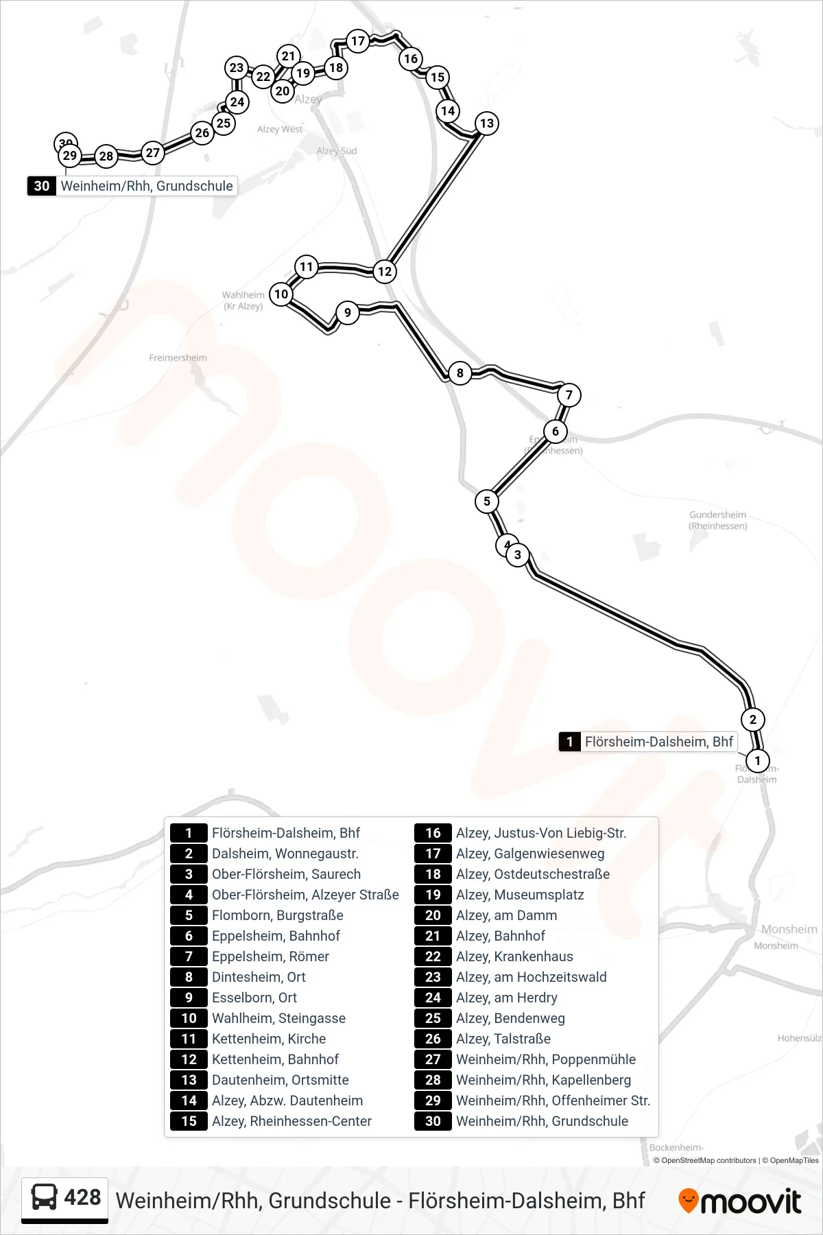 428 bus Line (Weinheim/Rhh, Grundschule) route and stops on a map