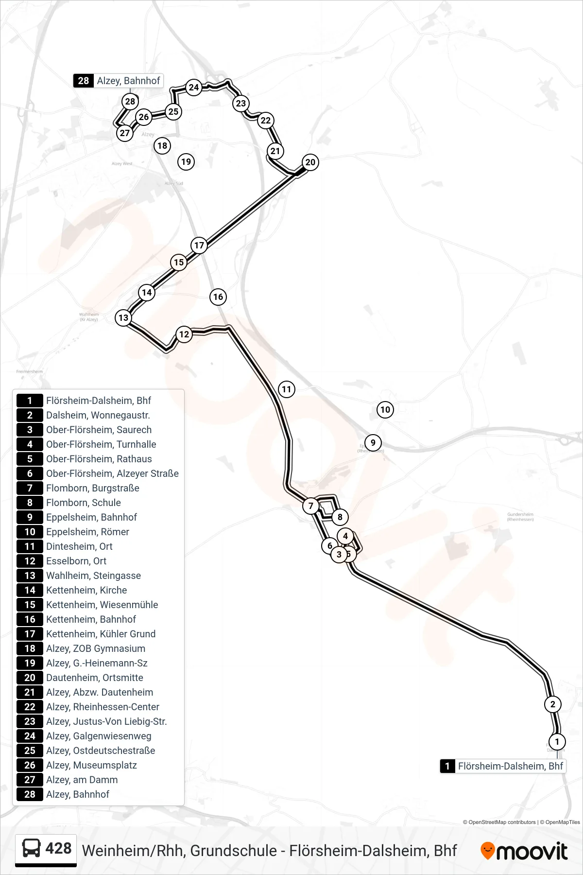 428 bus Line (Alzey, Bahnhof) route and stops on a map