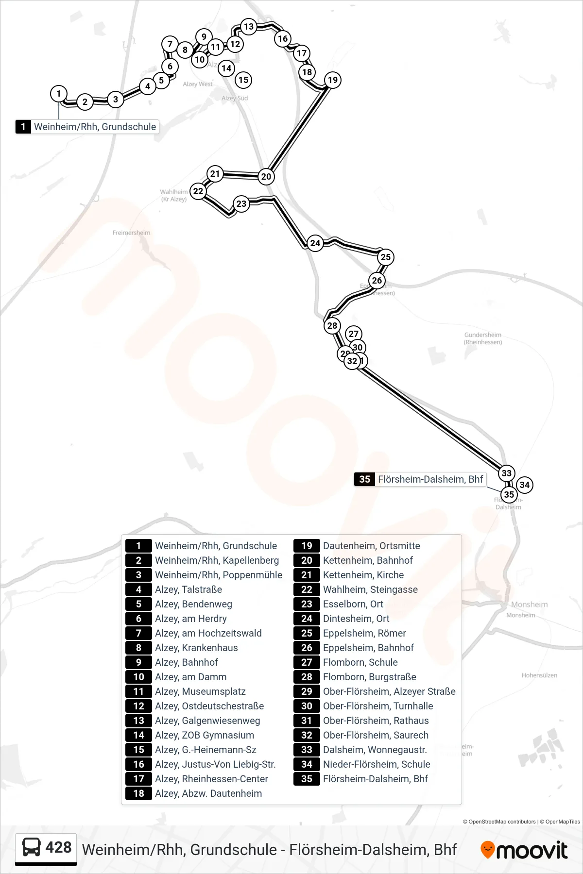 428 bus Line (Flörsheim-Dalsheim, Bhf) route and stops on a map