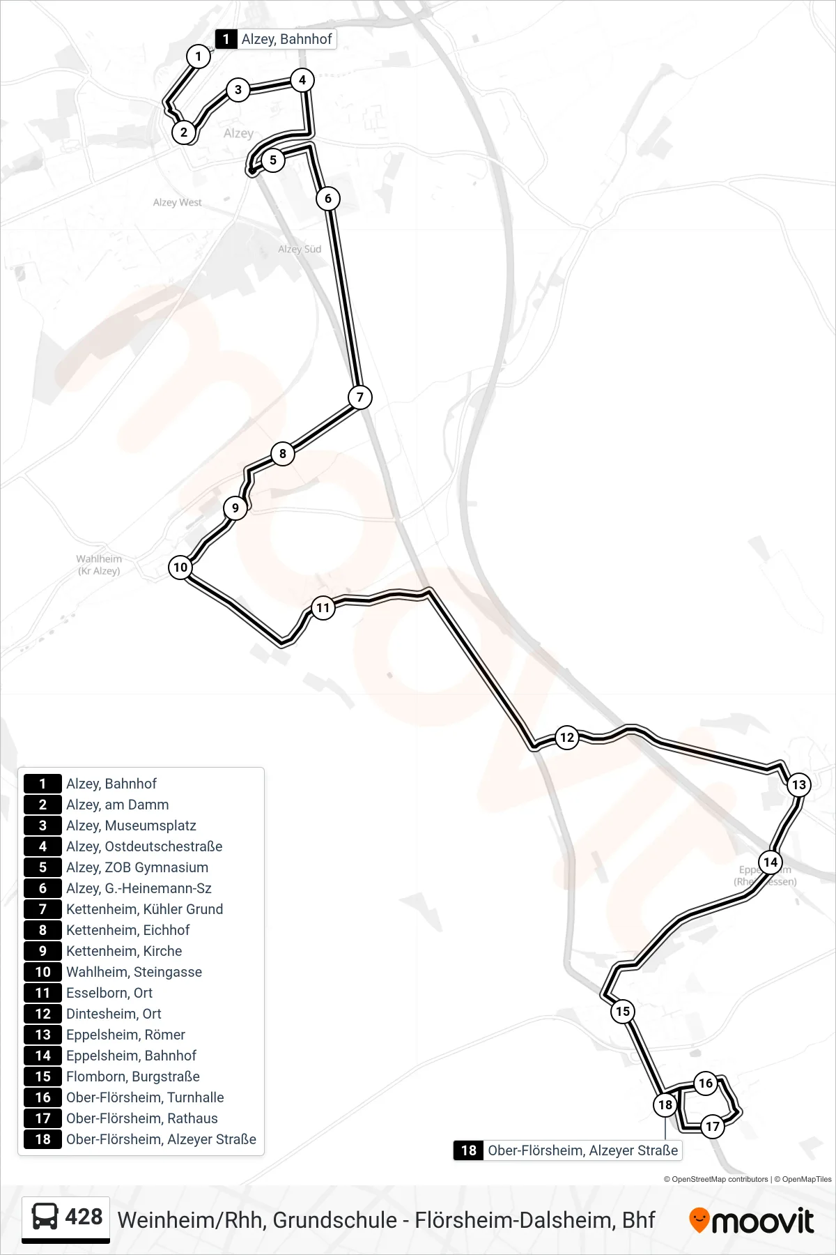 428 bus Line (Ober-Flörsheim, Alzeyer Straße) route and stops on a map