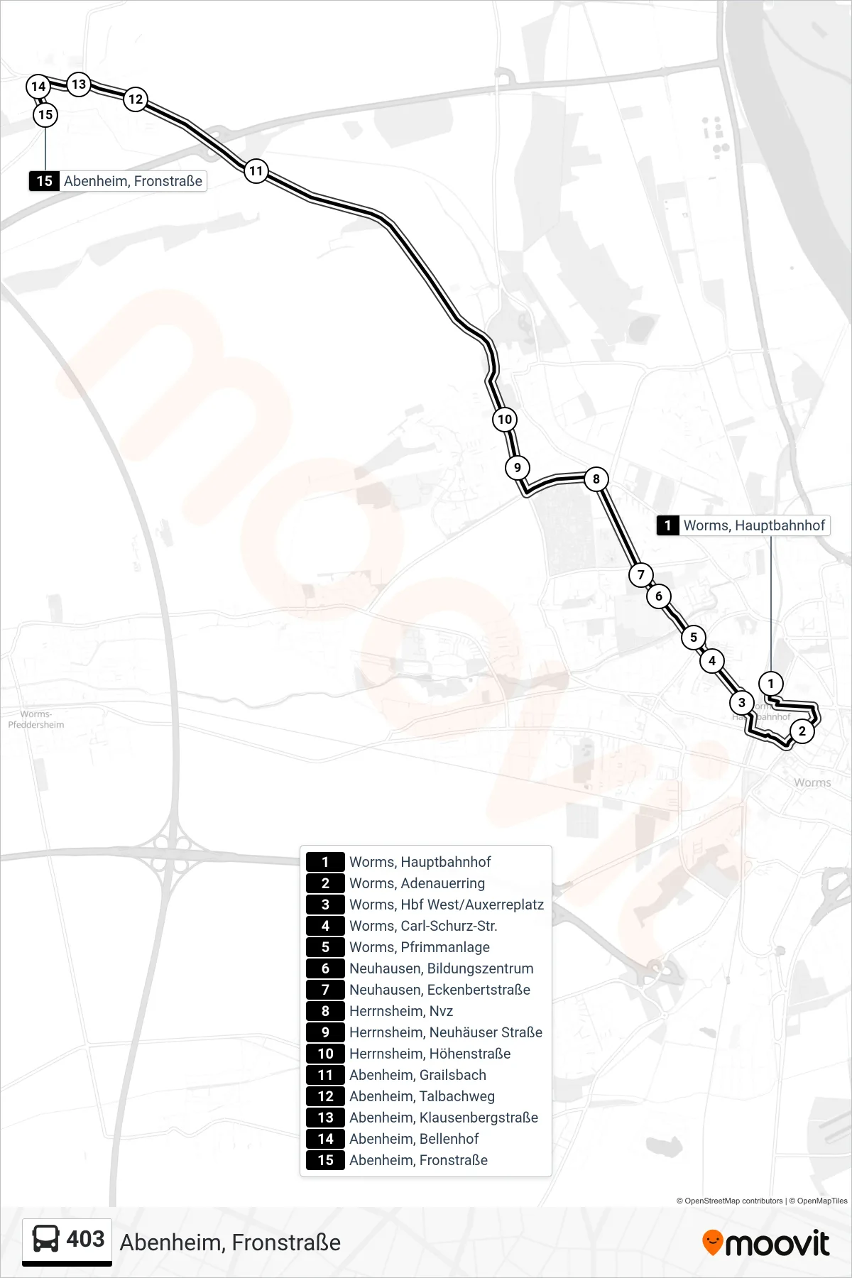 403 bus Line (Abenheim, Fronstraße) route and stops on a map