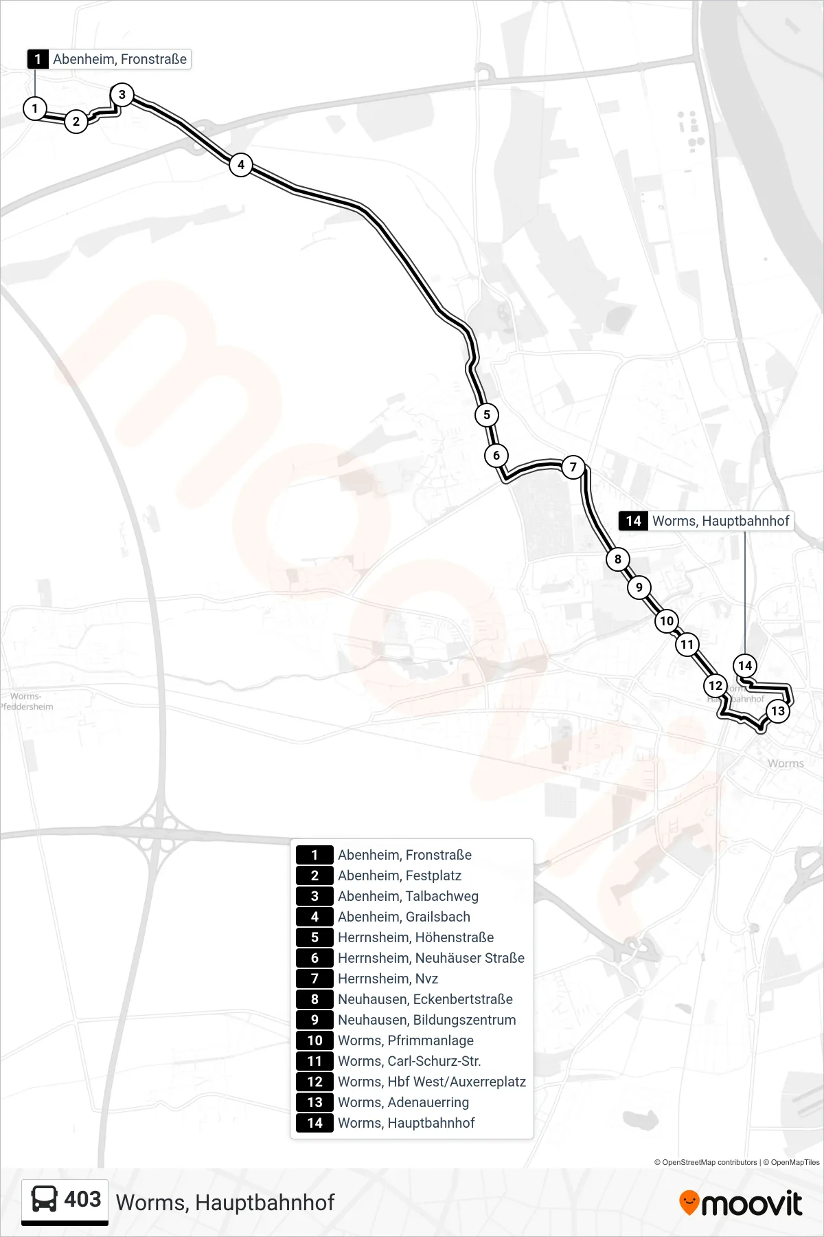 Linie 403 (Bus) Richtung Worms, Hauptbahnhof: Route und Haltestellen auf der Karte