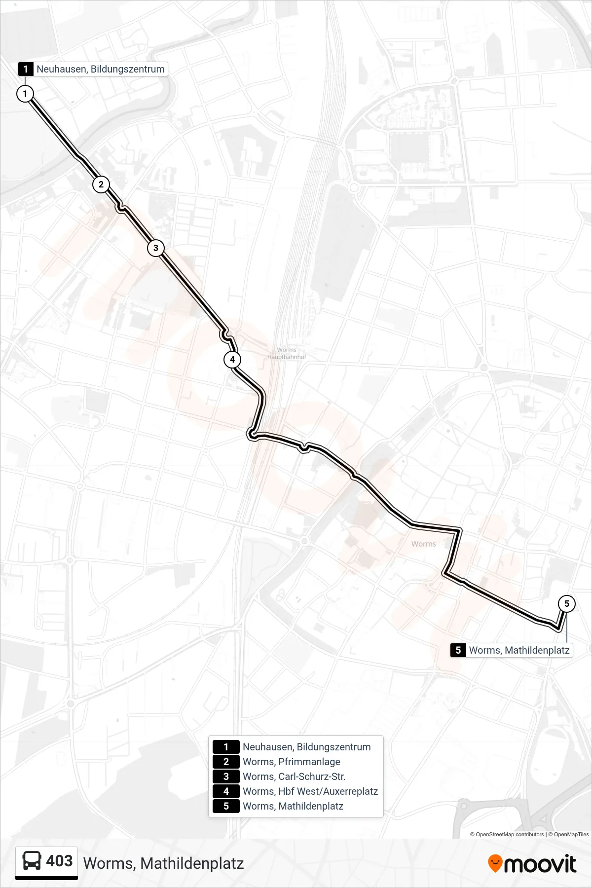 403 bus Line (Worms, Mathildenplatz) route and stops on a map