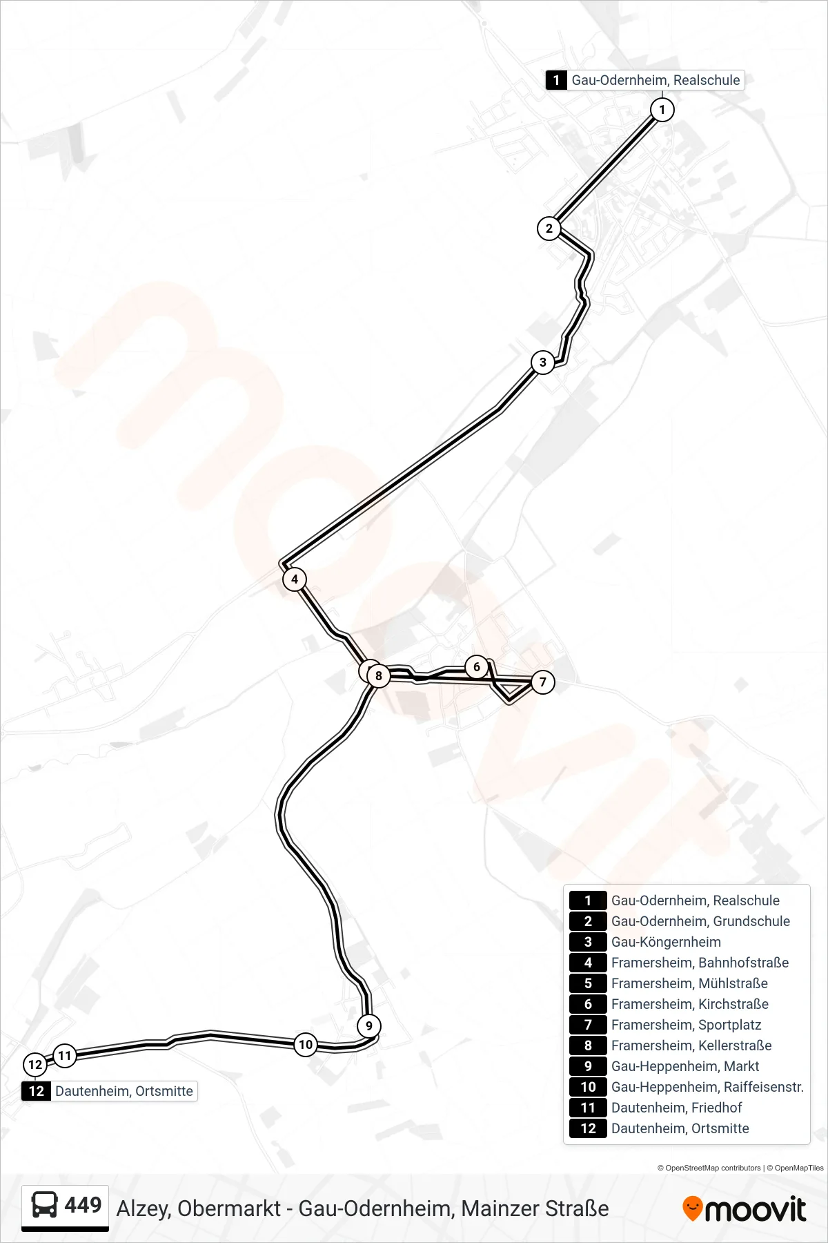 449 bus Line (Dautenheim, Ortsmitte) route and stops on a map