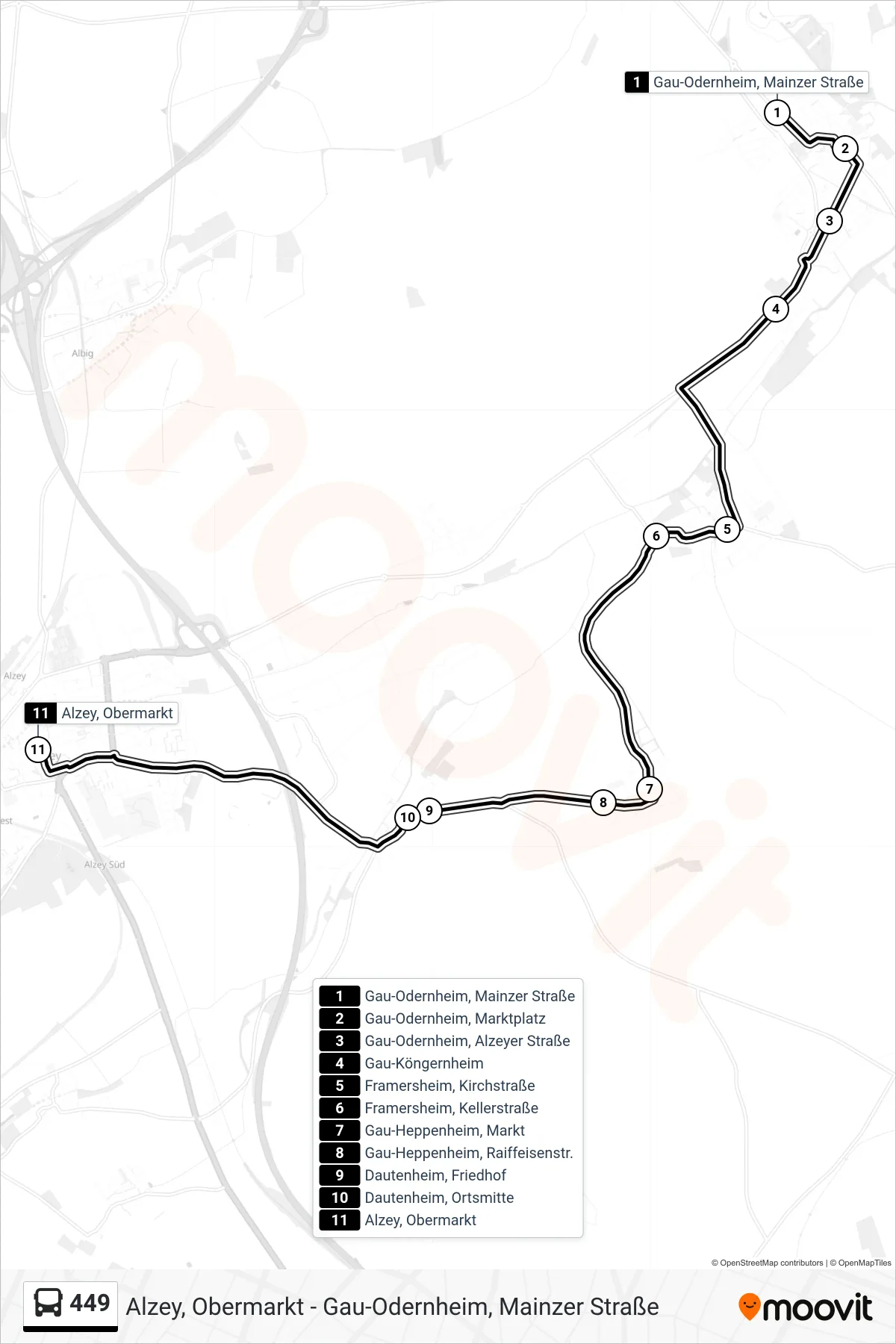 449 bus Line (Alzey, Obermarkt) route and stops on a map