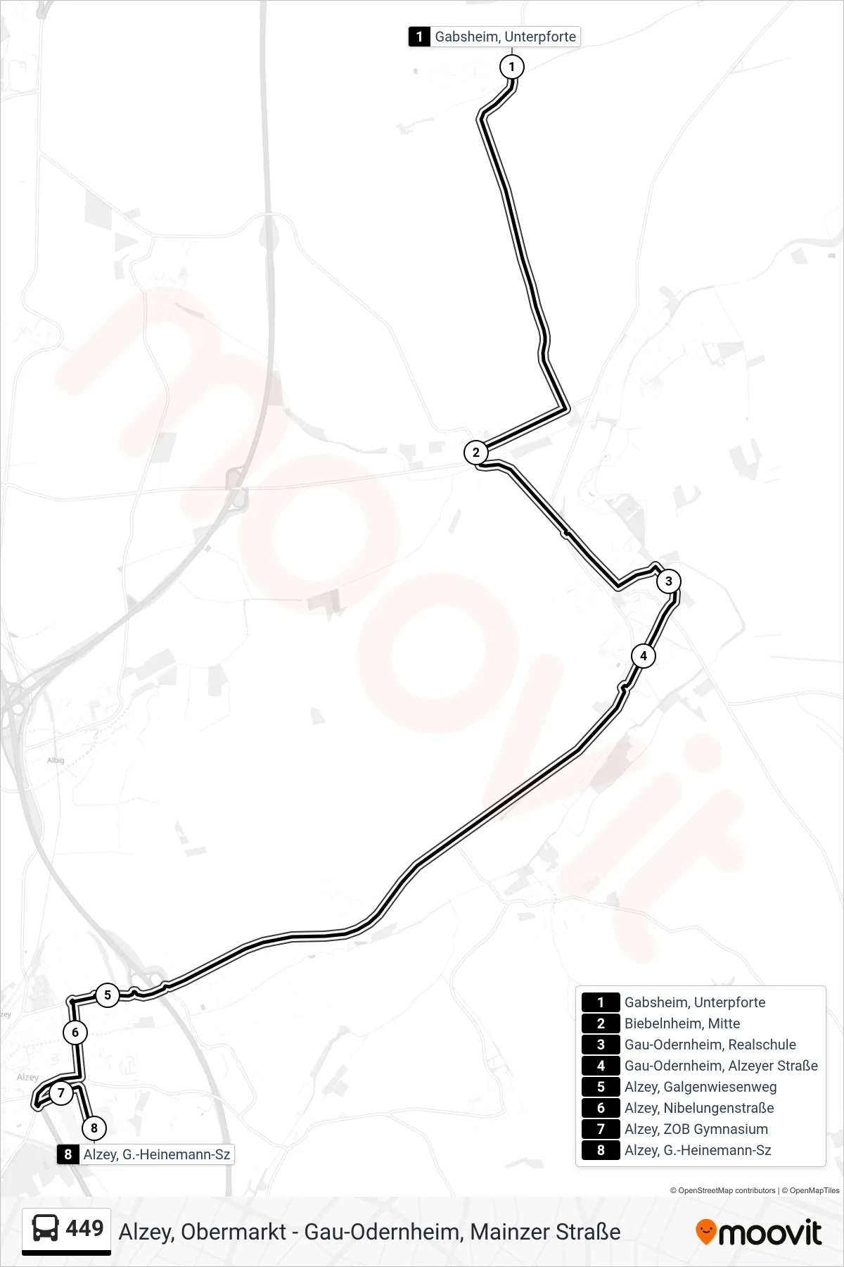 Linie 449 (Bus) Richtung Alzey, G.-Heinemann-Sz: Route und Haltestellen auf der Karte