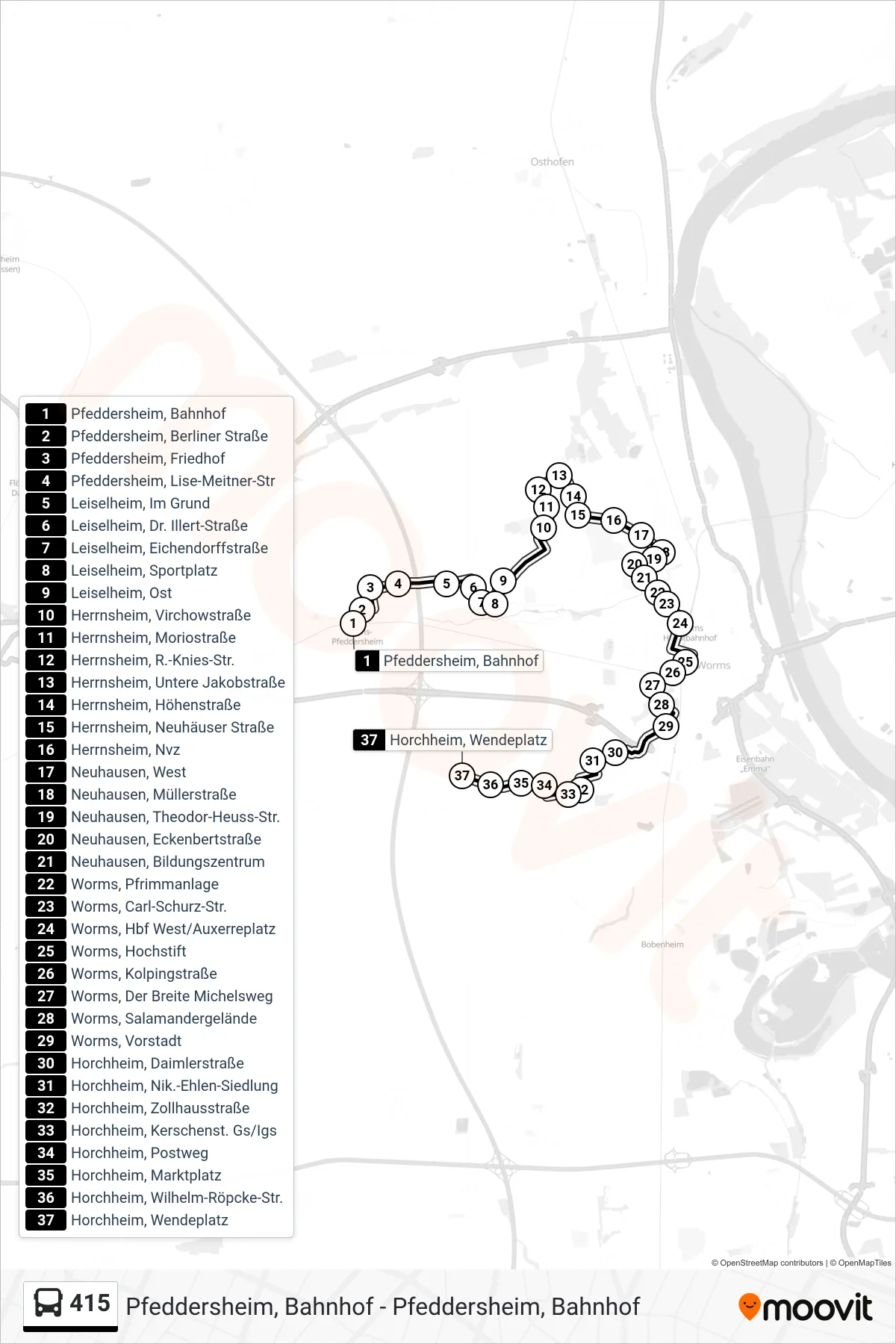 415 bus Line (Horchheim, Wendeplatz) route and stops on a map