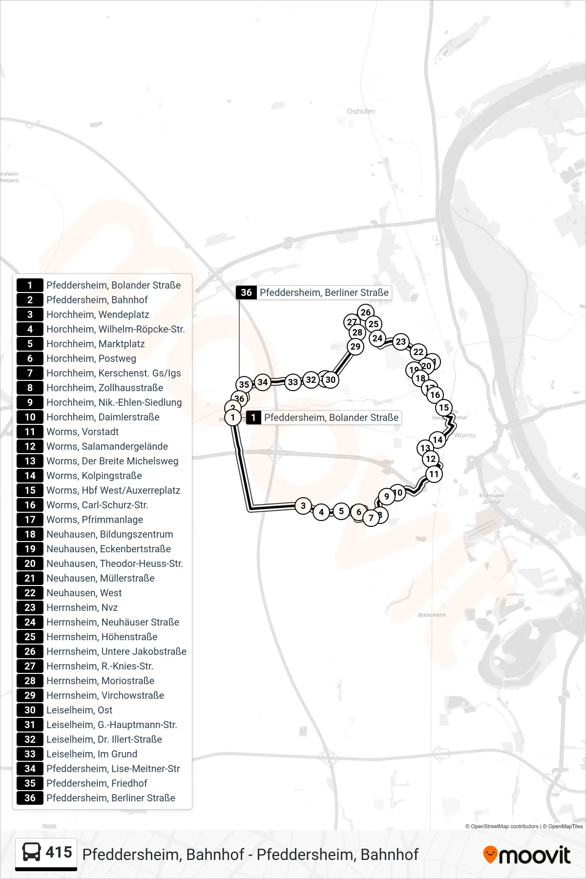 Linie 415 (Bus) Richtung Pfeddersheim, Bahnhof: Route und Haltestellen auf der Karte