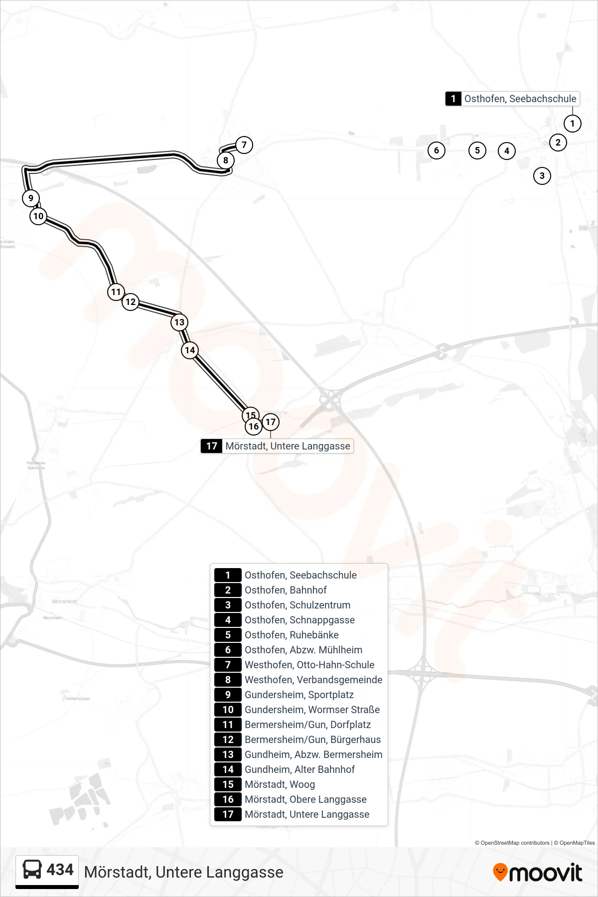 434 bus Line (Mörstadt, Untere Langgasse) route and stops on a map