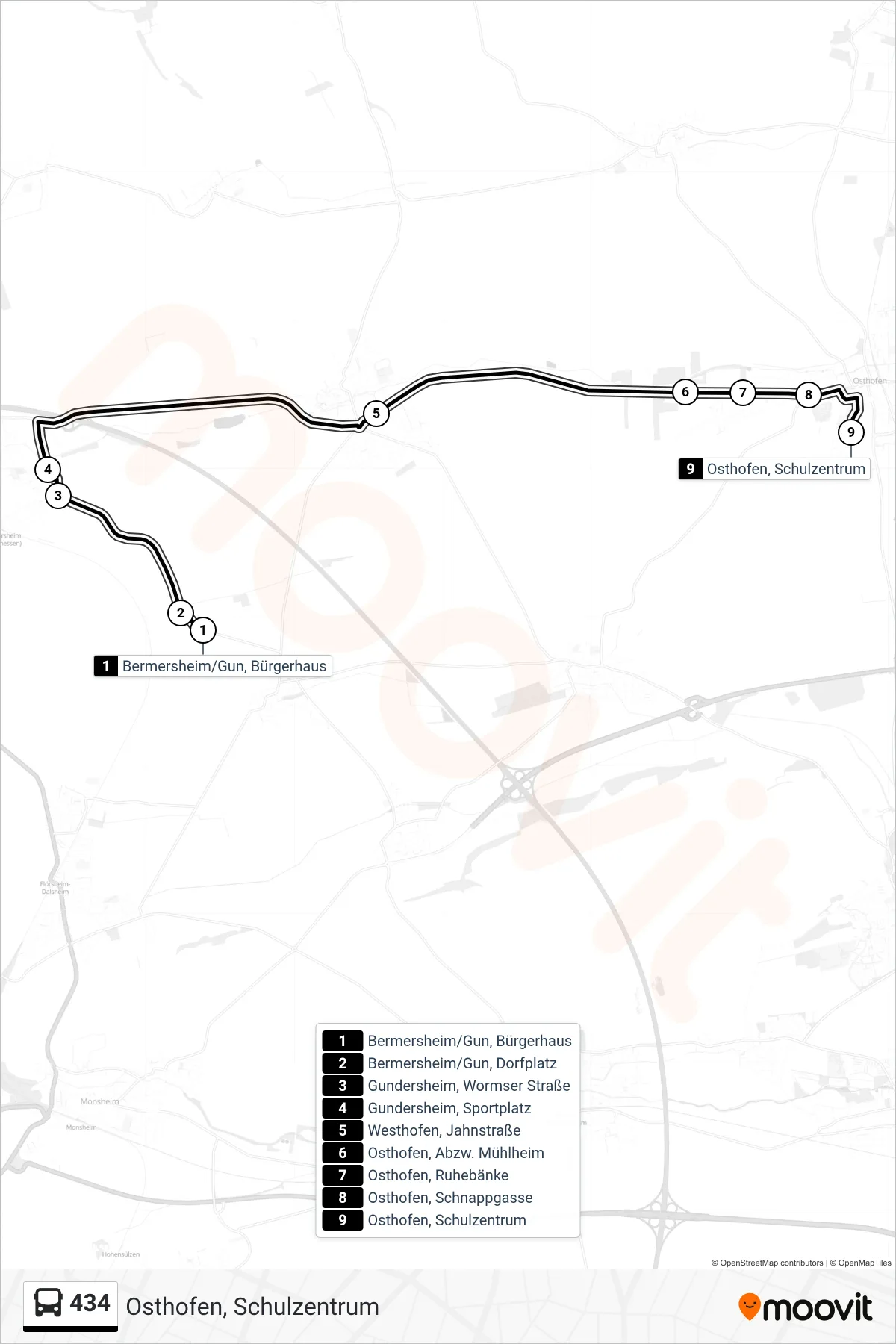 434 bus Line (Osthofen, Schulzentrum) route and stops on a map