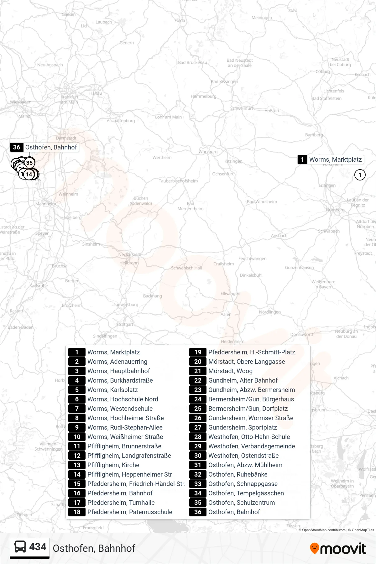 434 bus Line (Osthofen, Bahnhof) route and stops on a map