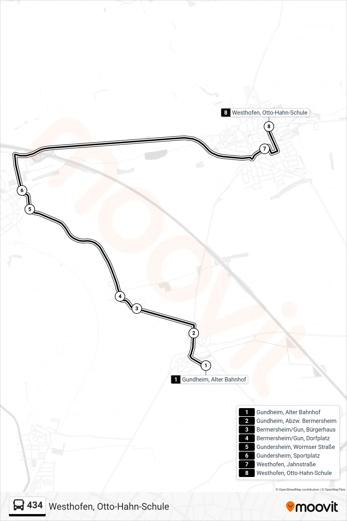 434 bus Line (Westhofen, Otto-Hahn-Schule) route and stops on a map