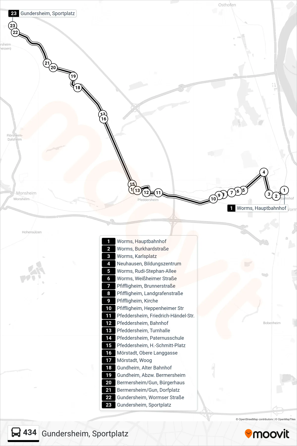 434 bus Line (Gundersheim, Sportplatz) route and stops on a map