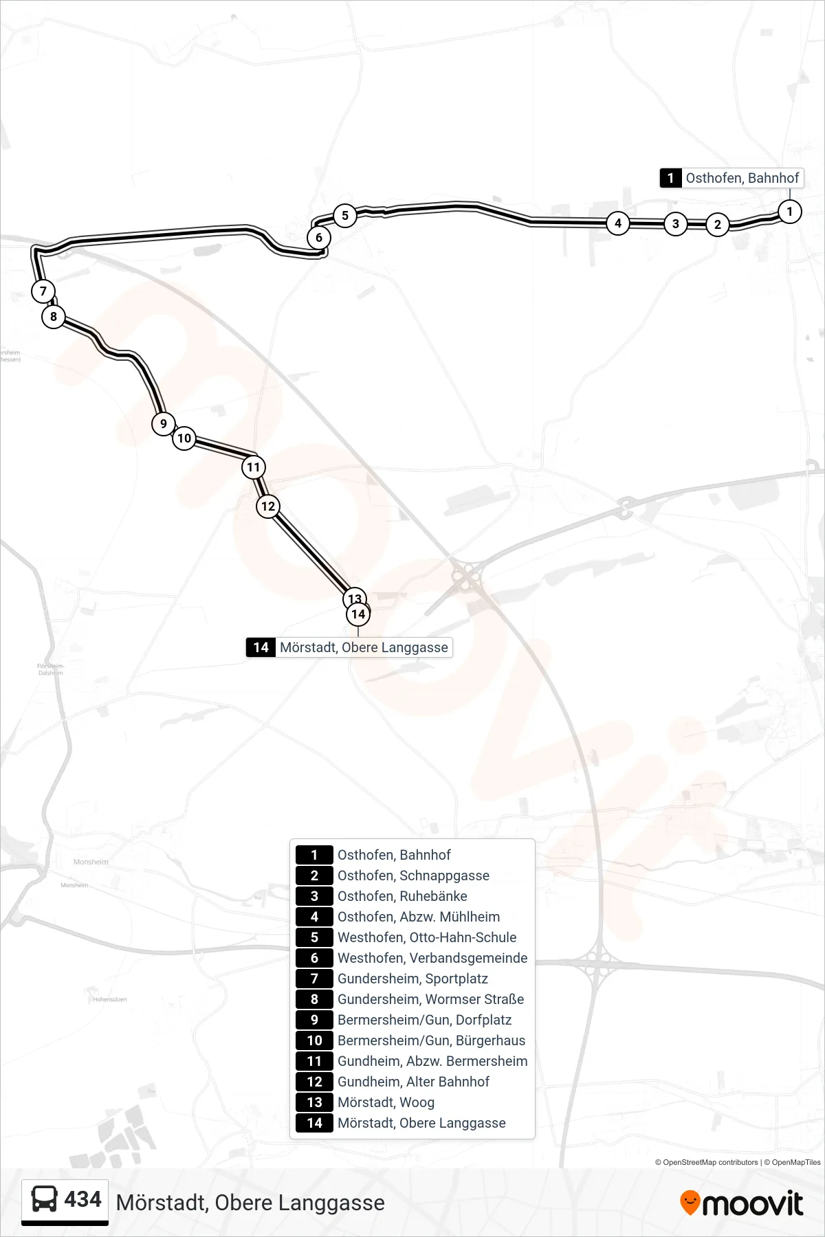 434 bus Line (Mörstadt, Obere Langgasse) route and stops on a map