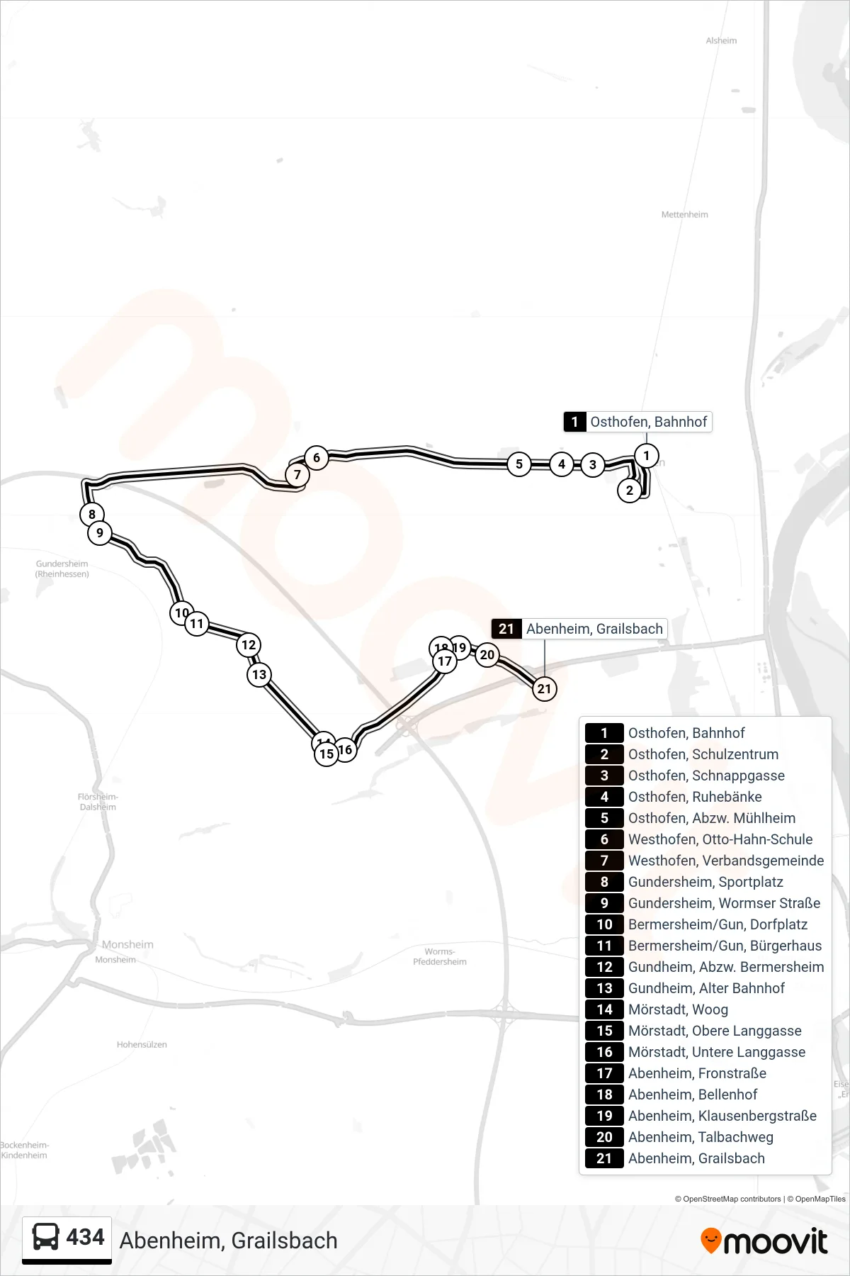 434 bus Line (Abenheim, Grailsbach) route and stops on a map
