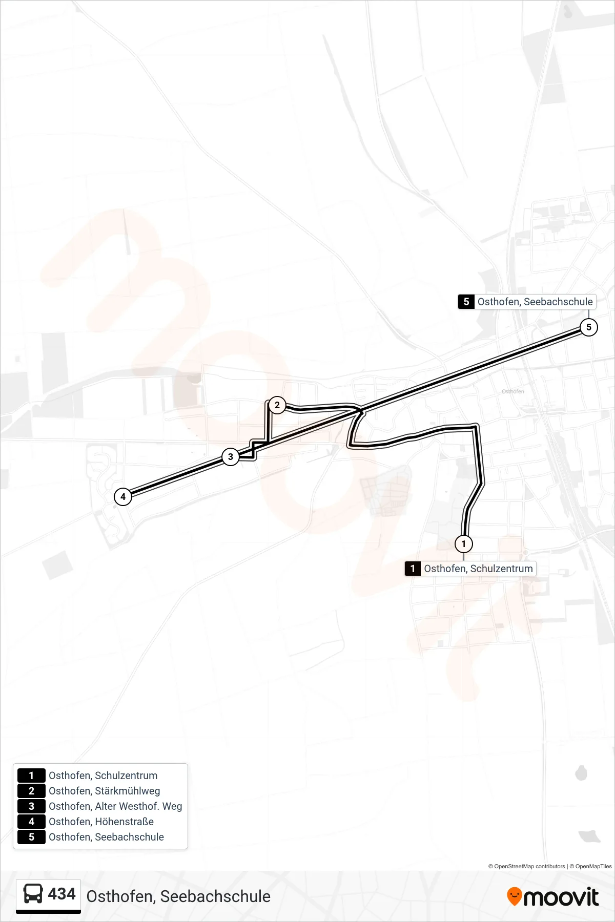 434 bus Line (Osthofen, Seebachschule) route and stops on a map