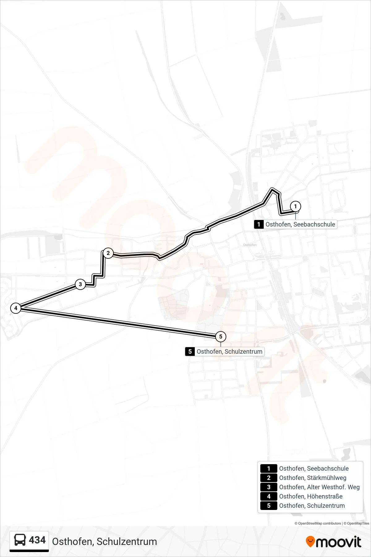 434 bus Line (Osthofen, Schulzentrum) route and stops on a map