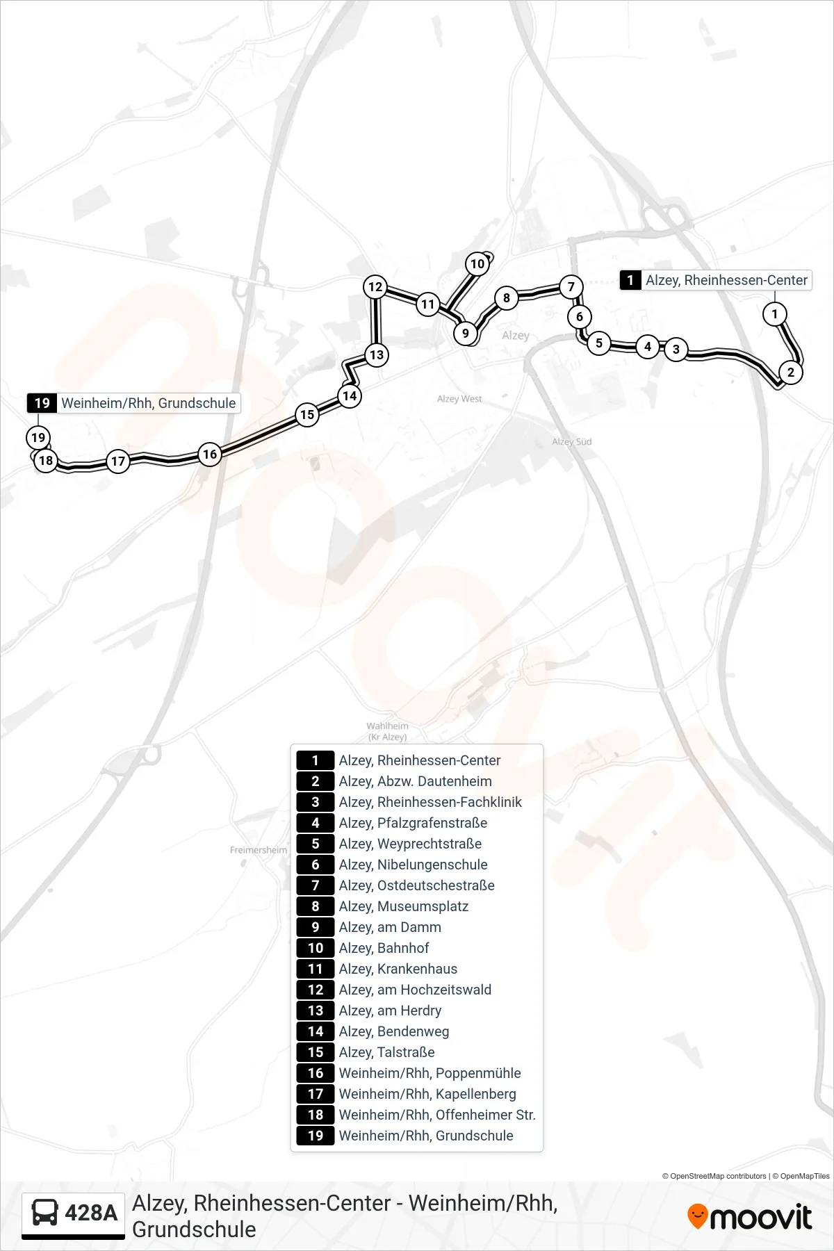 428A bus Line (Weinheim/Rhh, Grundschule) route and stops on a map