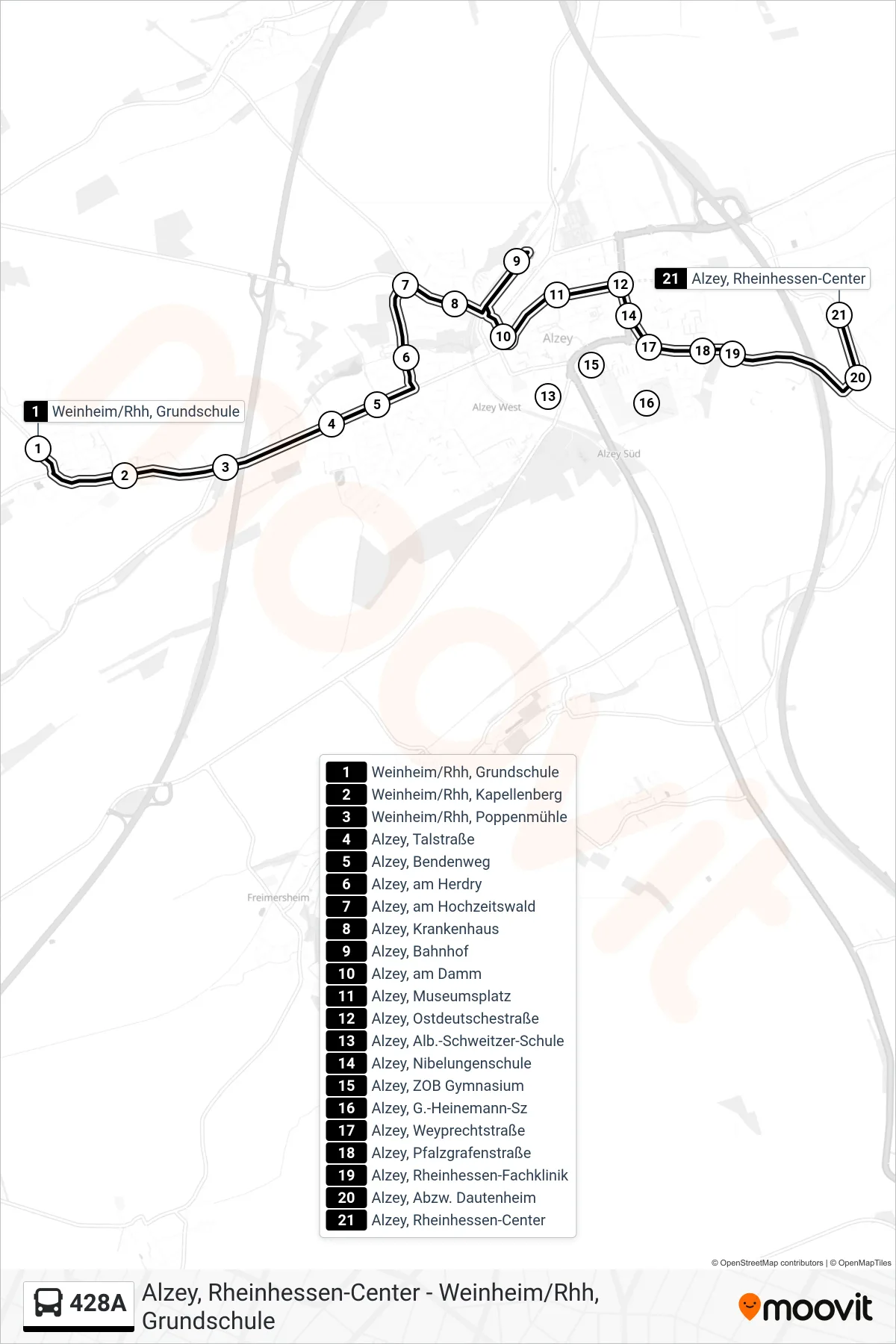Linie 428A (Bus) Richtung Alzey, Rheinhessen-Center: Route und Haltestellen auf der Karte