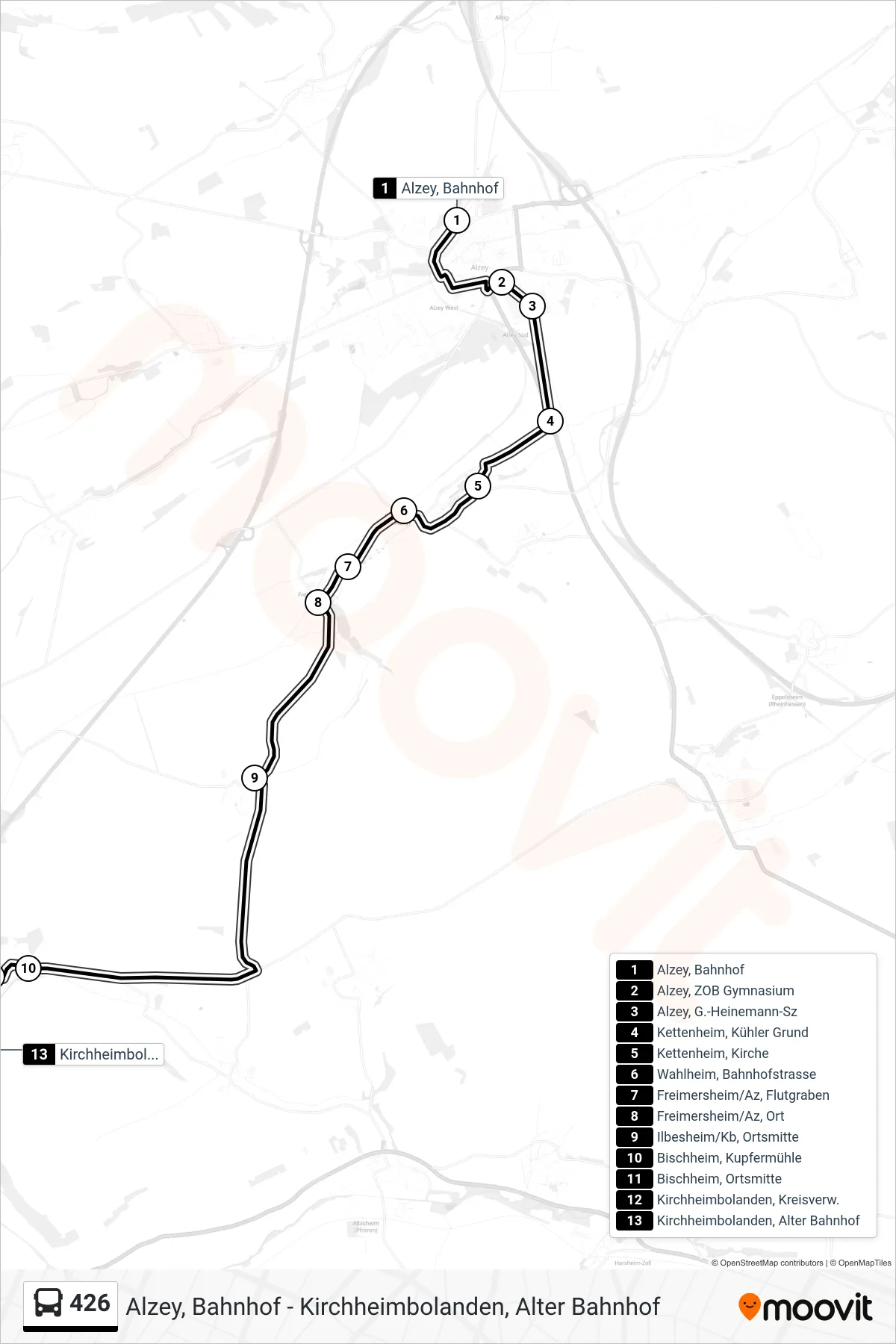 Linie 426 (Bus) Richtung Kirchheimbolanden, Alter Bahnhof: Route und Haltestellen auf der Karte