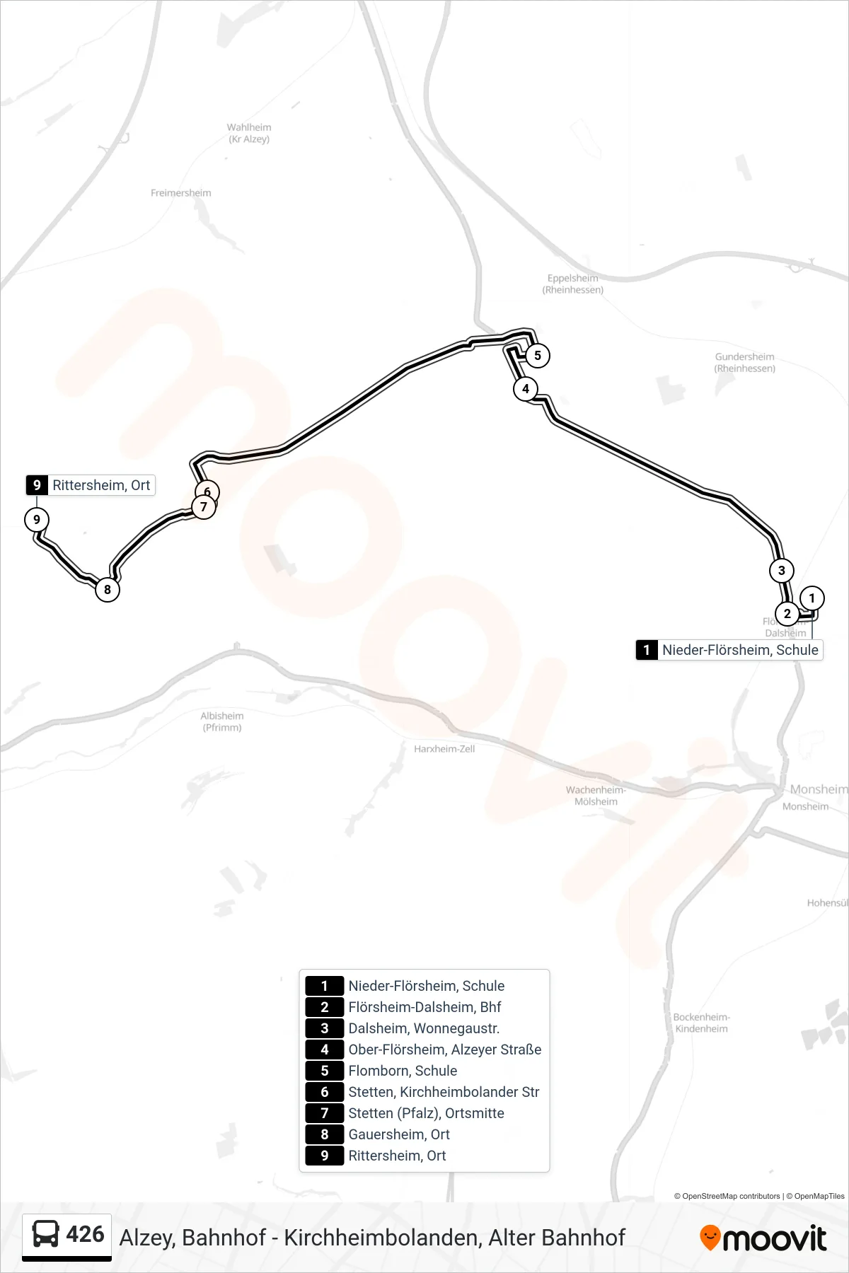 426 bus Line (Rittersheim, Ort) route and stops on a map