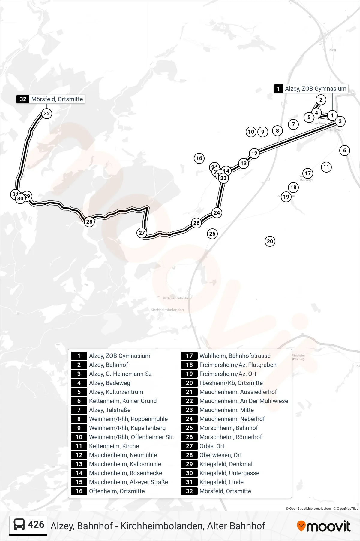 426 bus Line (Mörsfeld, Ortsmitte) route and stops on a map