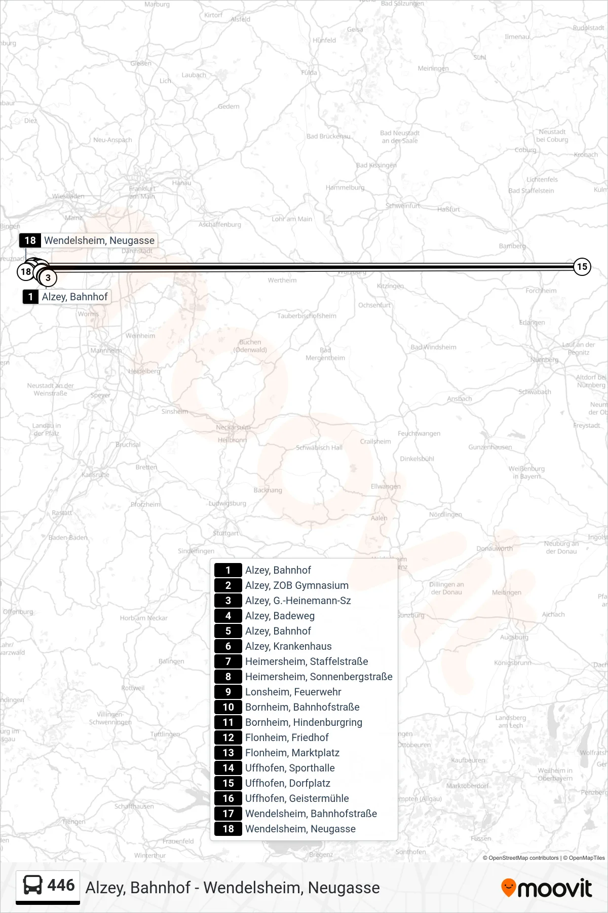 446 bus Line (Wendelsheim, Neugasse) route and stops on a map