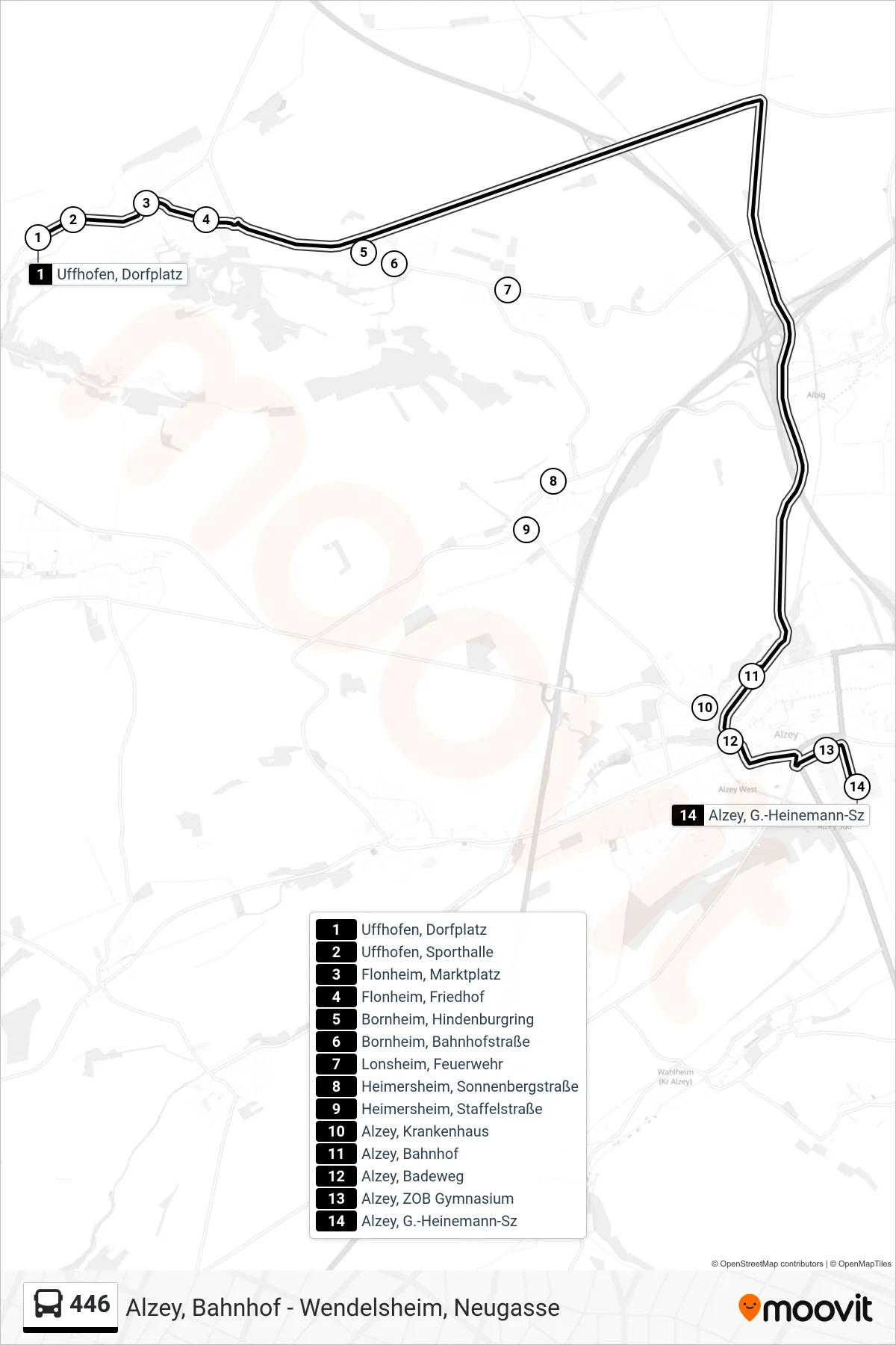 446 bus Line (Alzey, G.-Heinemann-Sz) route and stops on a map