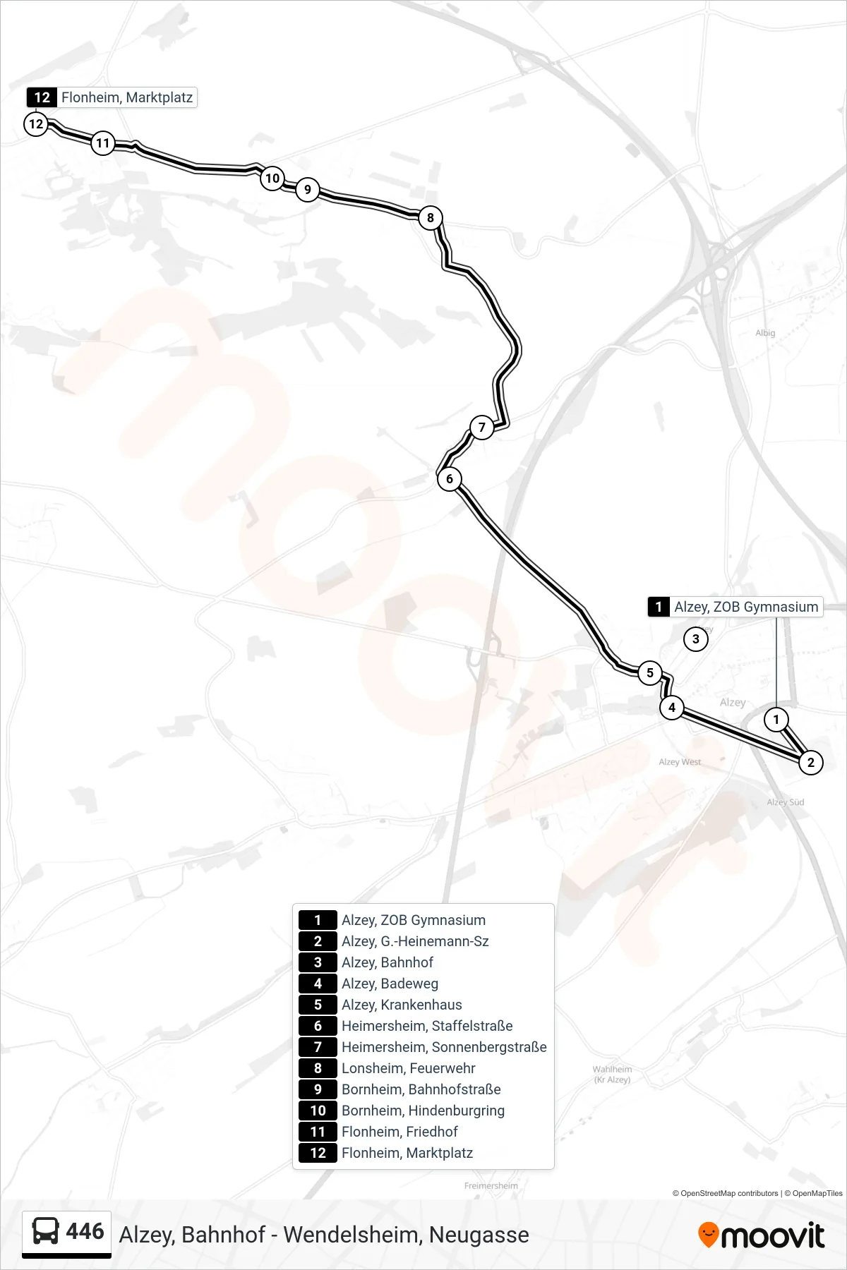 Linie 446 (Bus) Richtung Flonheim, Marktplatz: Route und Haltestellen auf der Karte