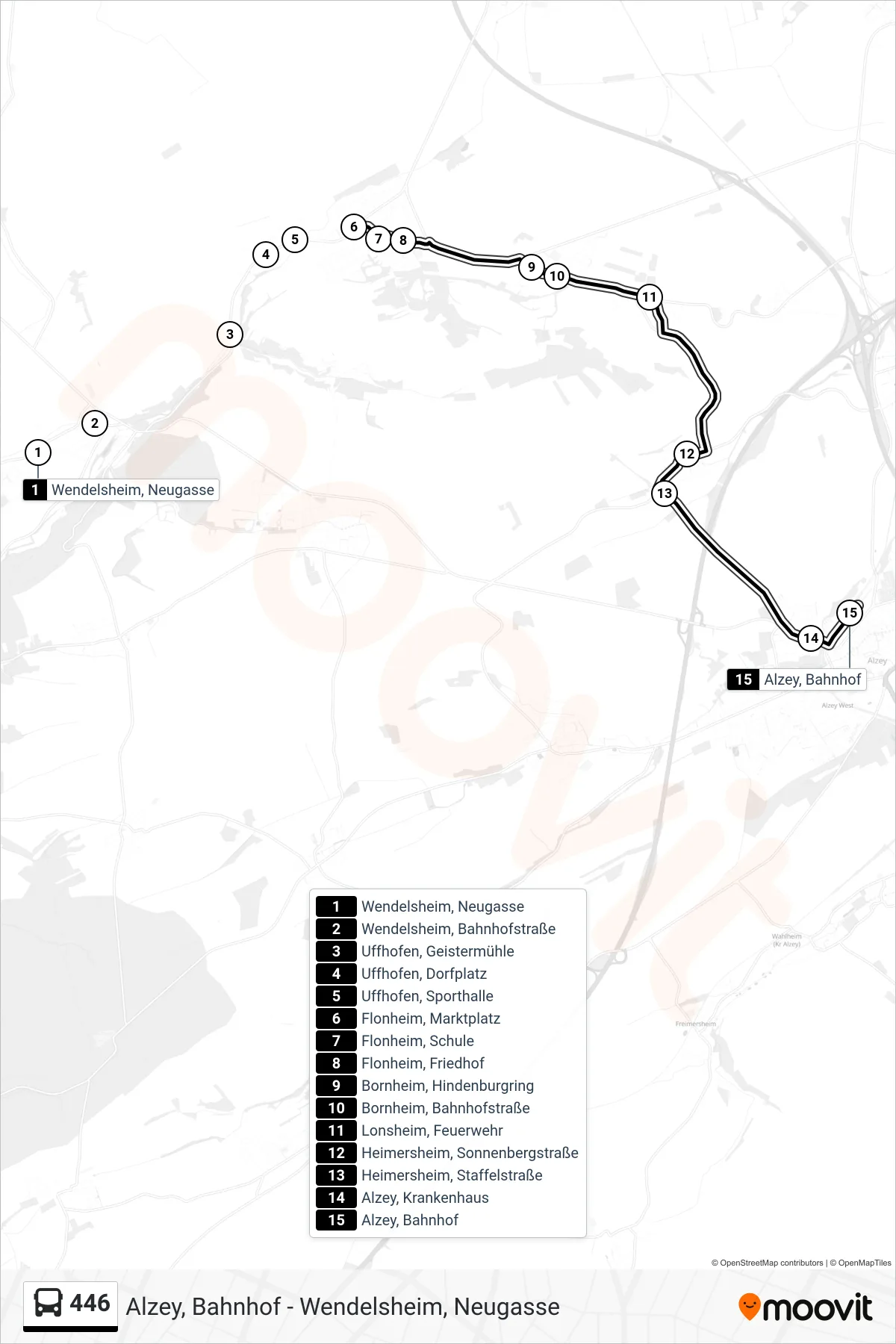 446 bus Line (Alzey, Bahnhof) route and stops on a map