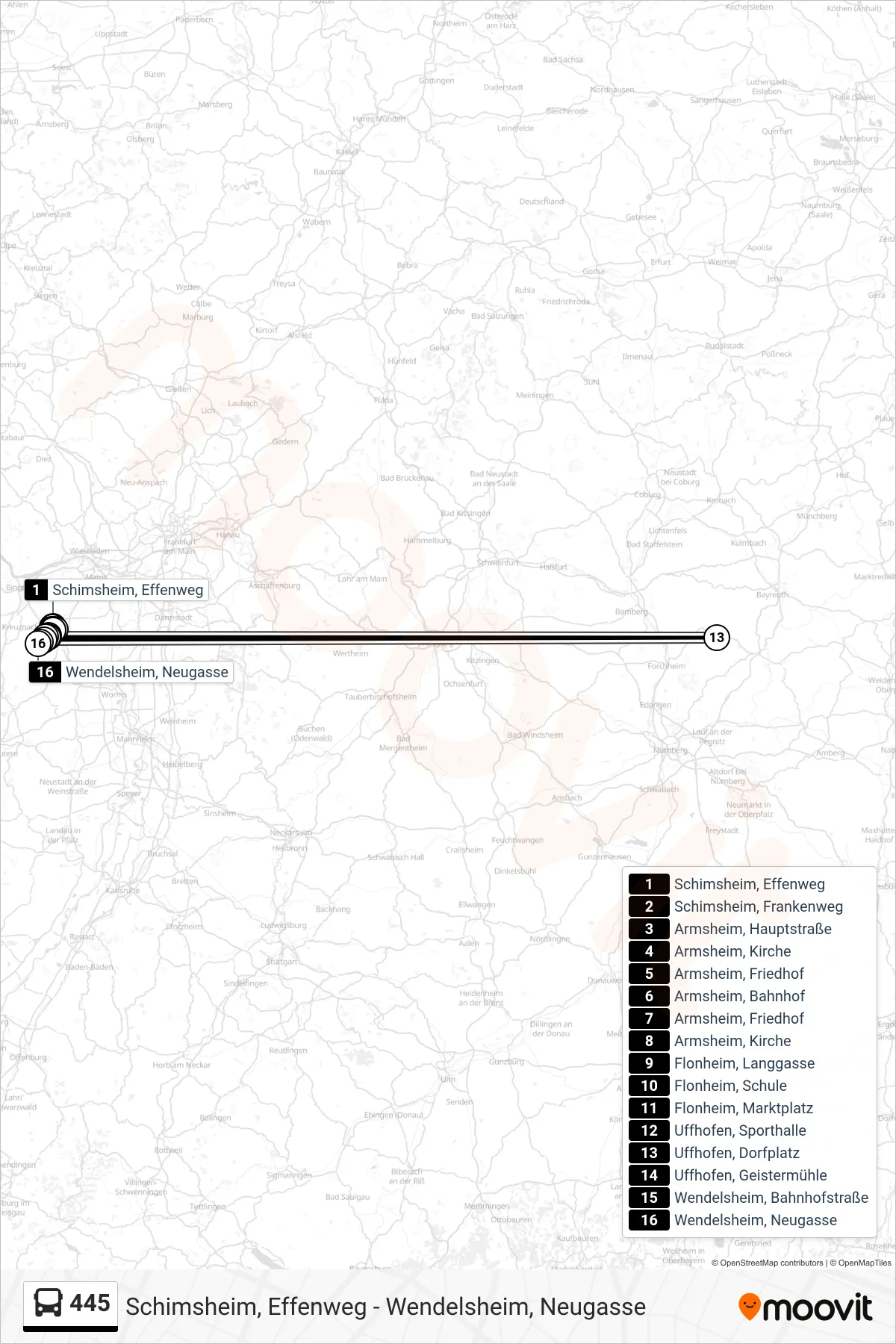 445 bus Line (Wendelsheim, Neugasse) route and stops on a map