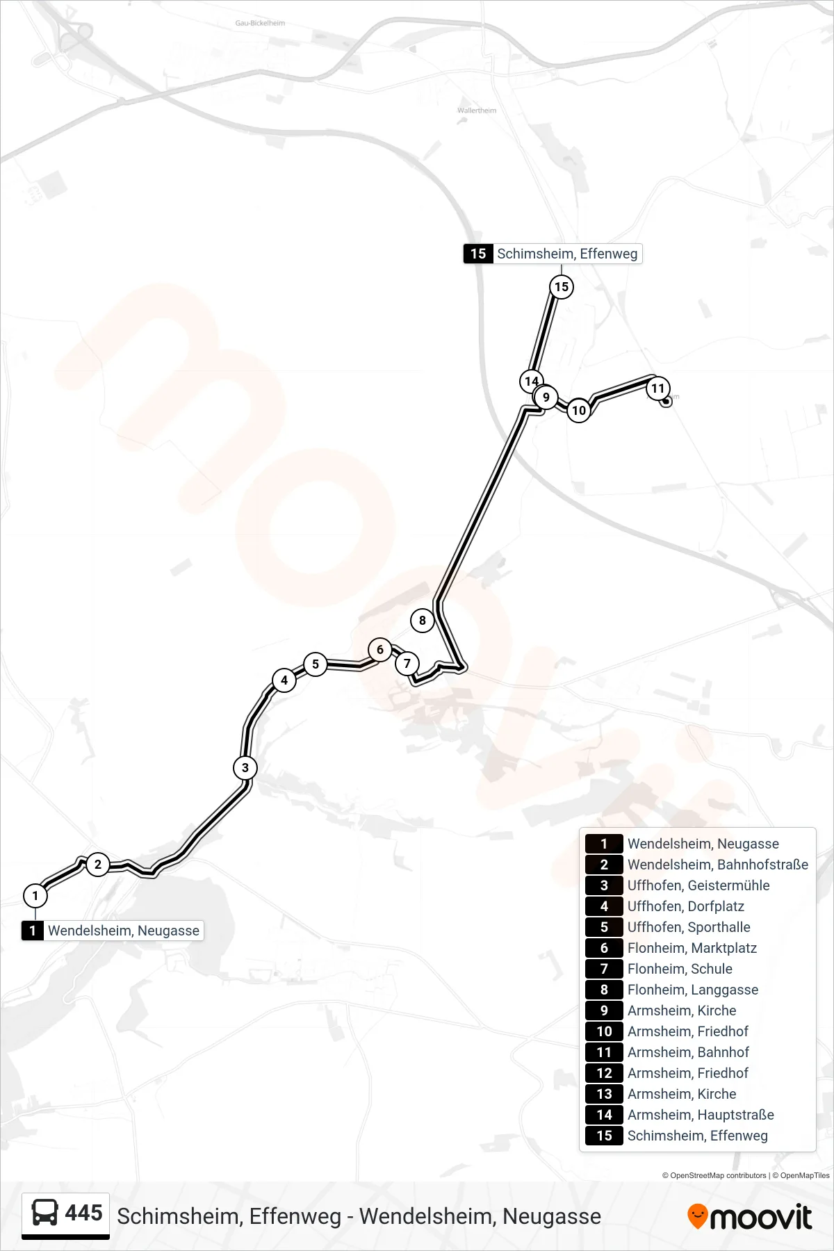 445 bus Line (Schimsheim, Effenweg) route and stops on a map