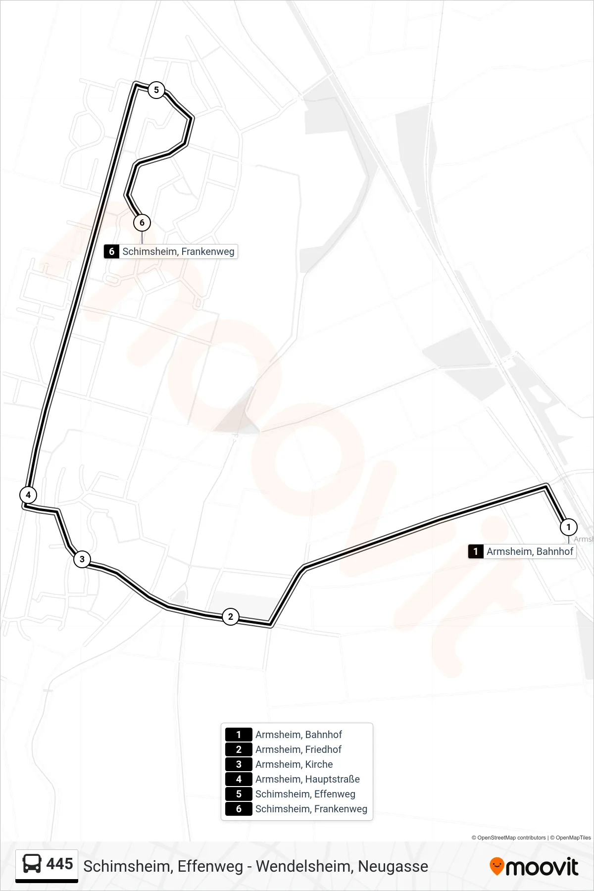 Linie 445 (Bus) Richtung Schimsheim, Frankenweg: Route und Haltestellen auf der Karte
