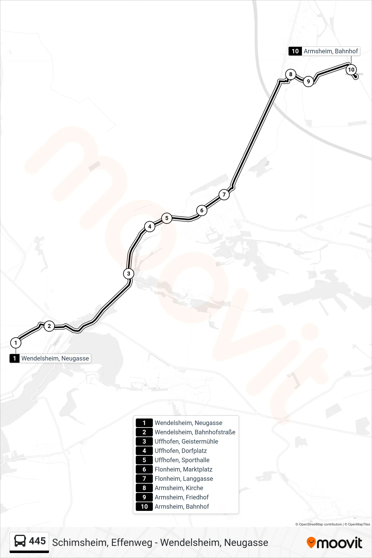 445 bus Line (Armsheim, Bahnhof) route and stops on a map