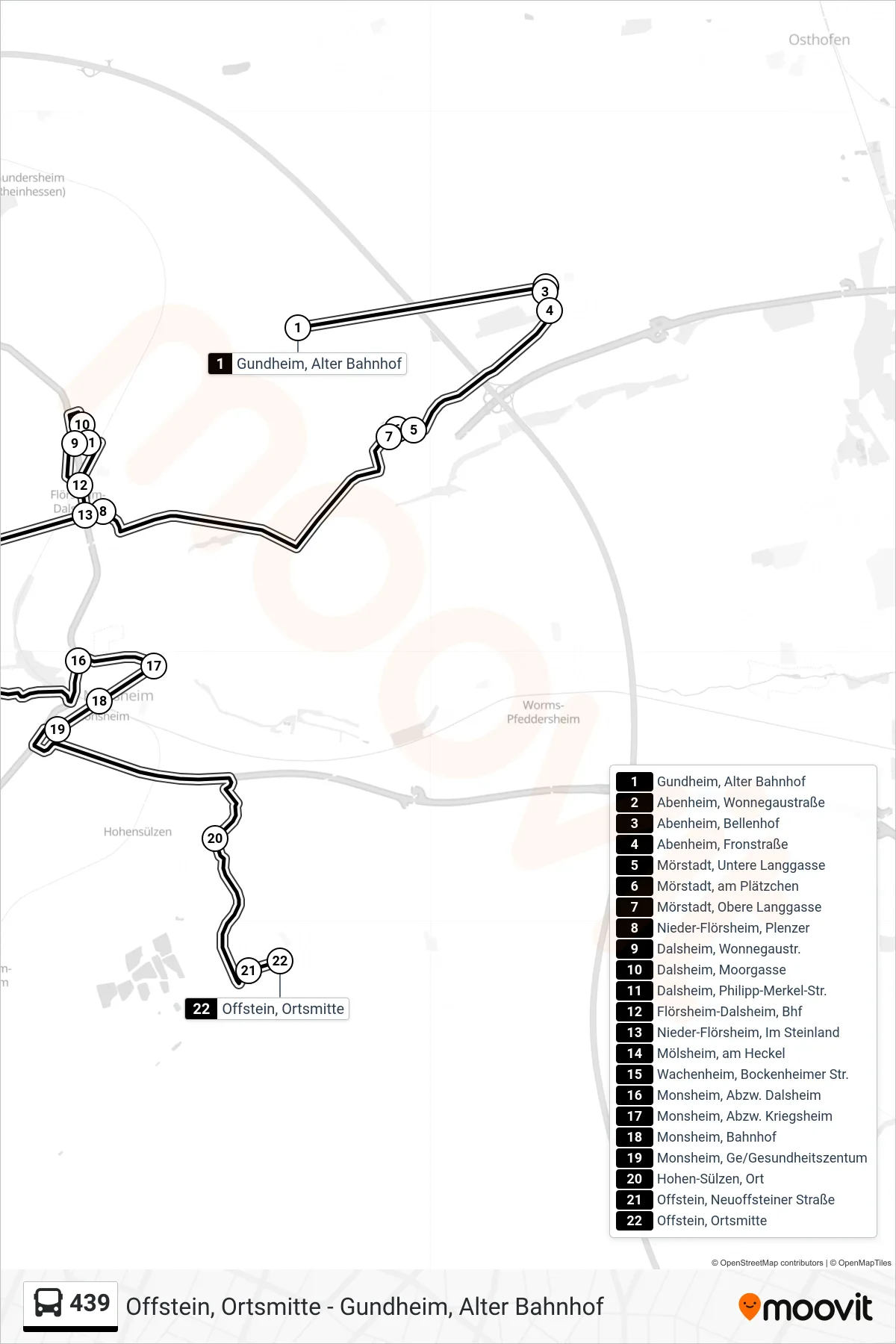 Linie 439 (Bus) Richtung Offstein, Ortsmitte: Route und Haltestellen auf der Karte