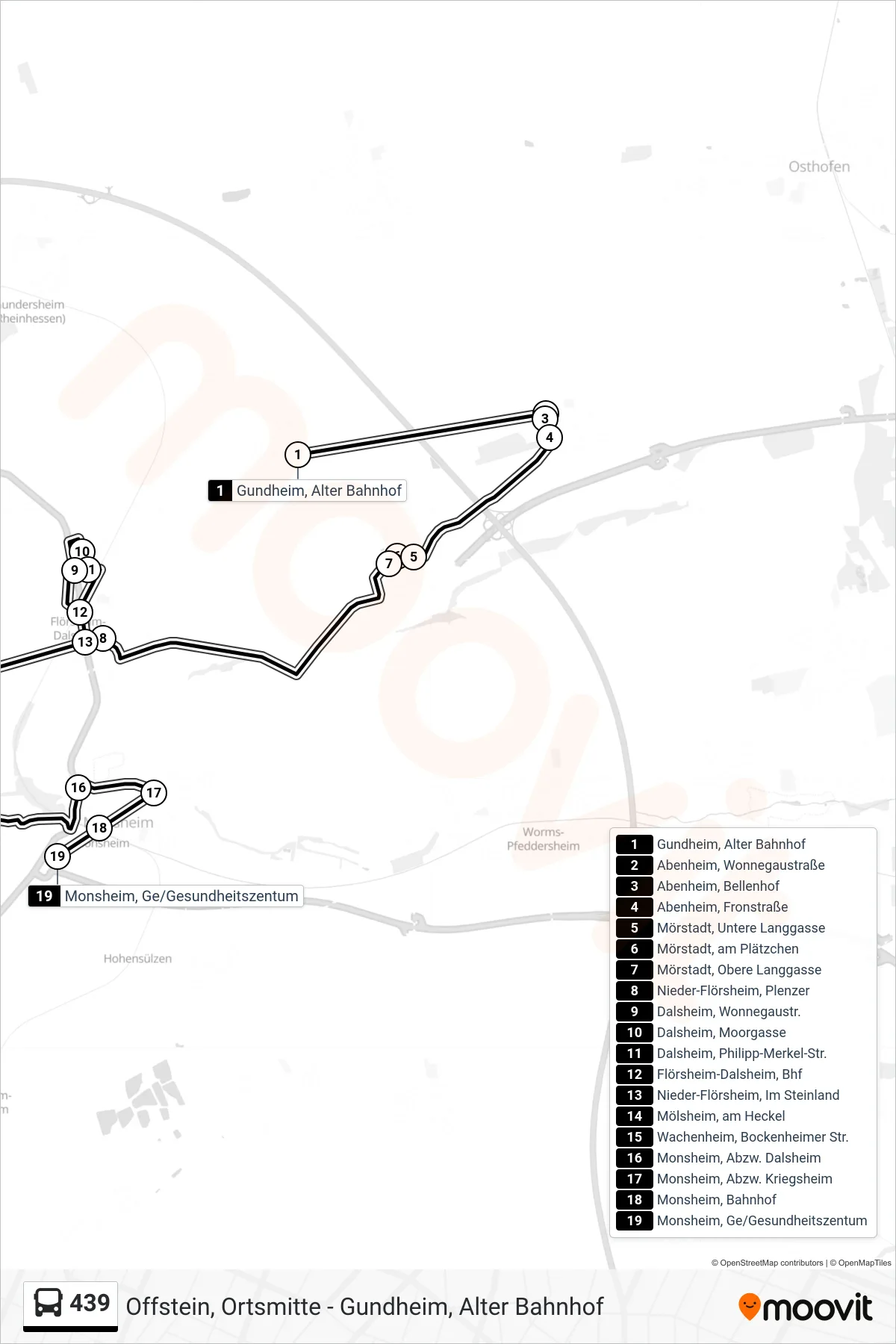 439 bus Line (Monsheim, Ge/Gesundheitszentum) route and stops on a map